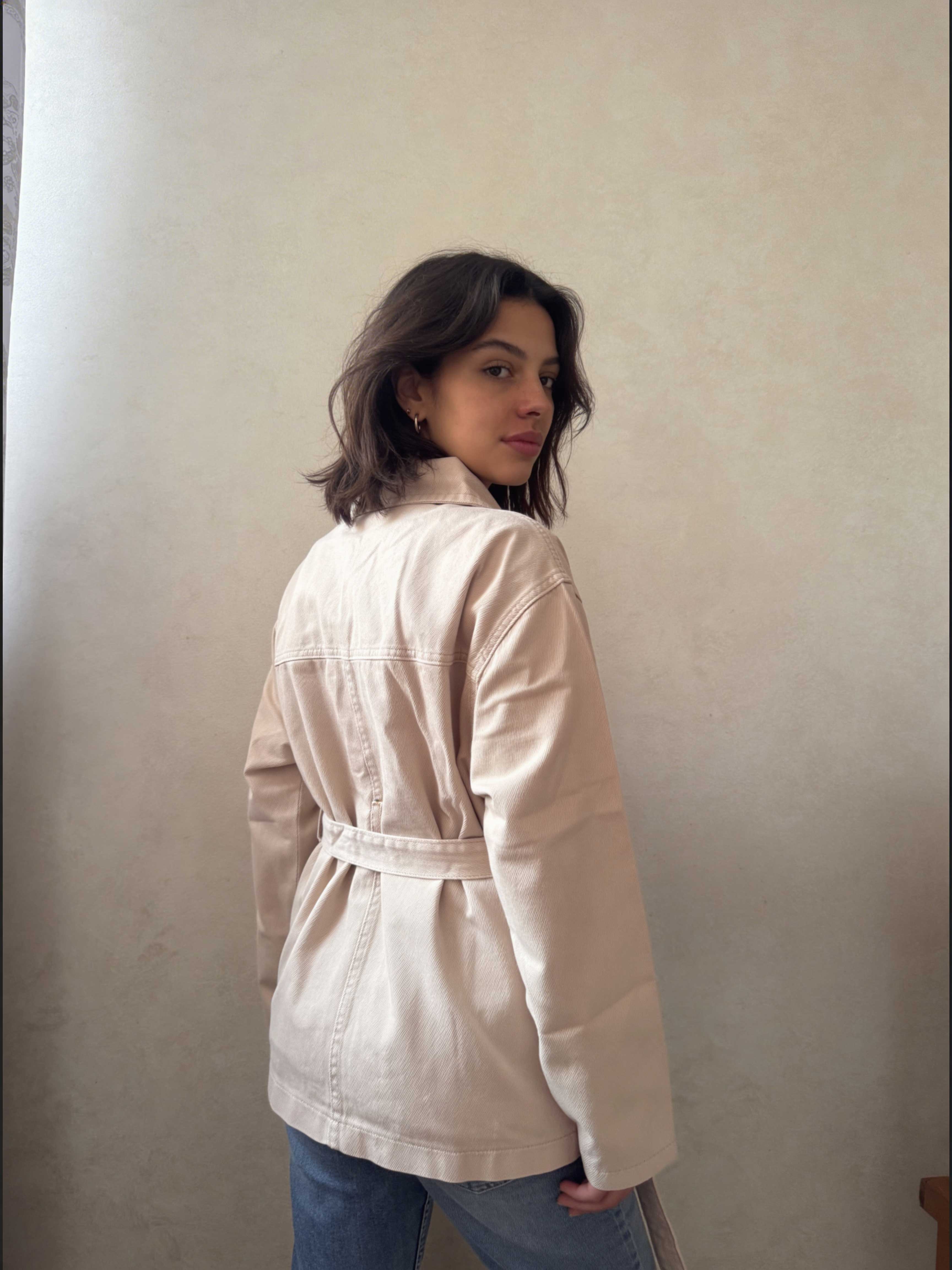 Jacket – Belted Oversized Beige Denim Jacket Jacket CIZARO - Cizaro Jeans