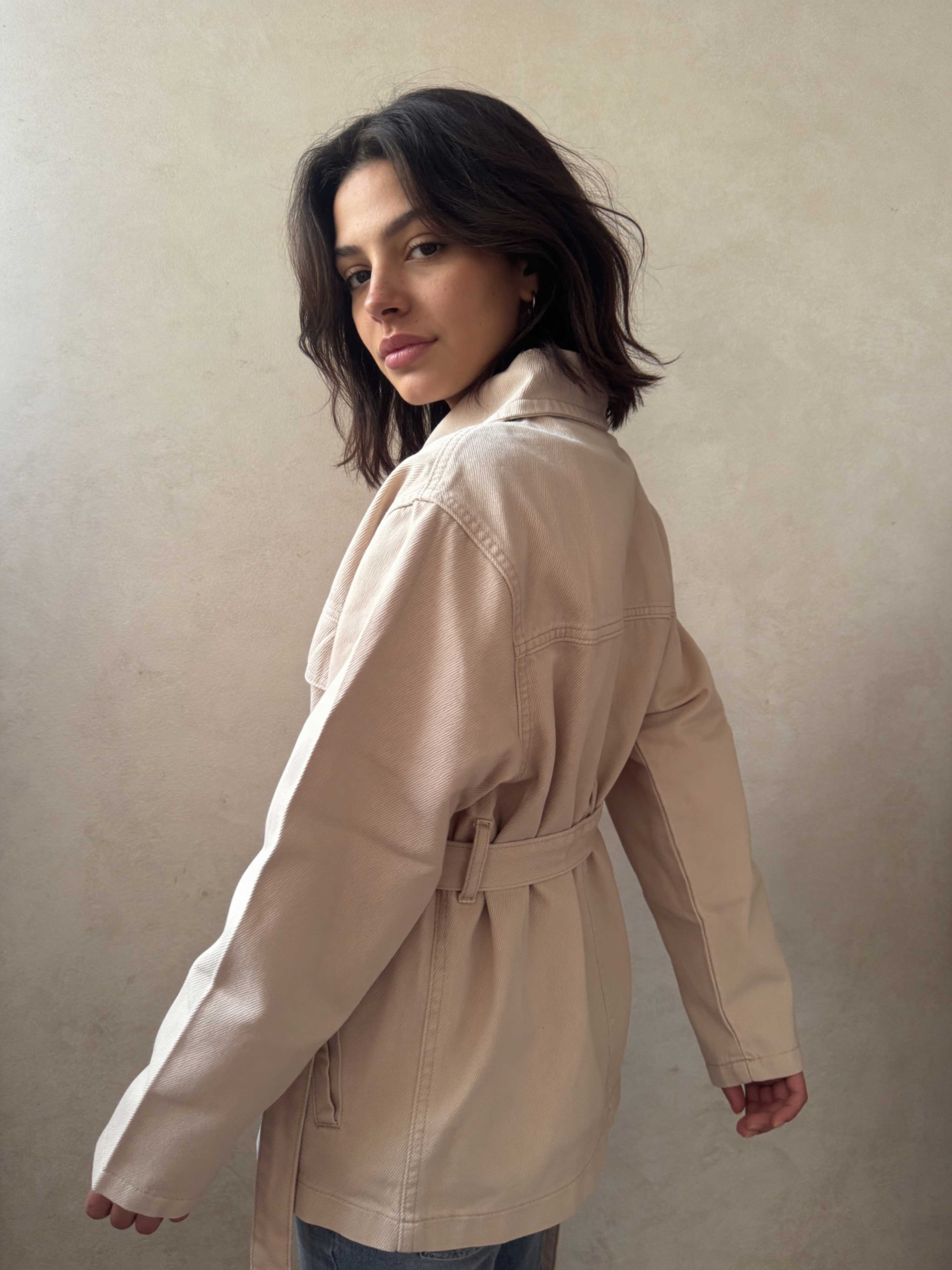 Jacket – Belted Oversized Beige Denim Jacket Jacket CIZARO - Cizaro Jeans