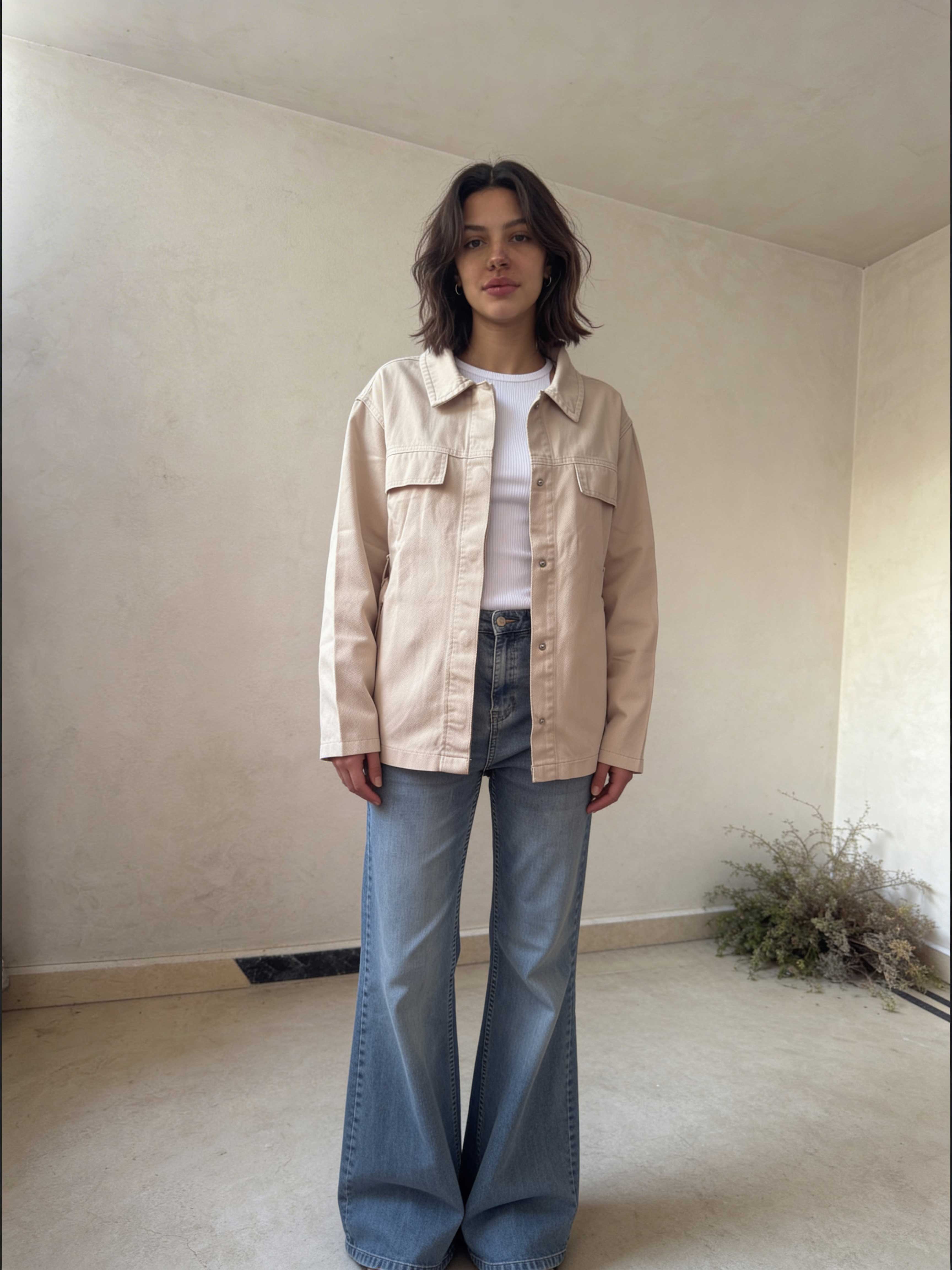 Jacket â Belted Oversized Beige Denim Jacket Jacket CIZARO - Cizaro Jeans