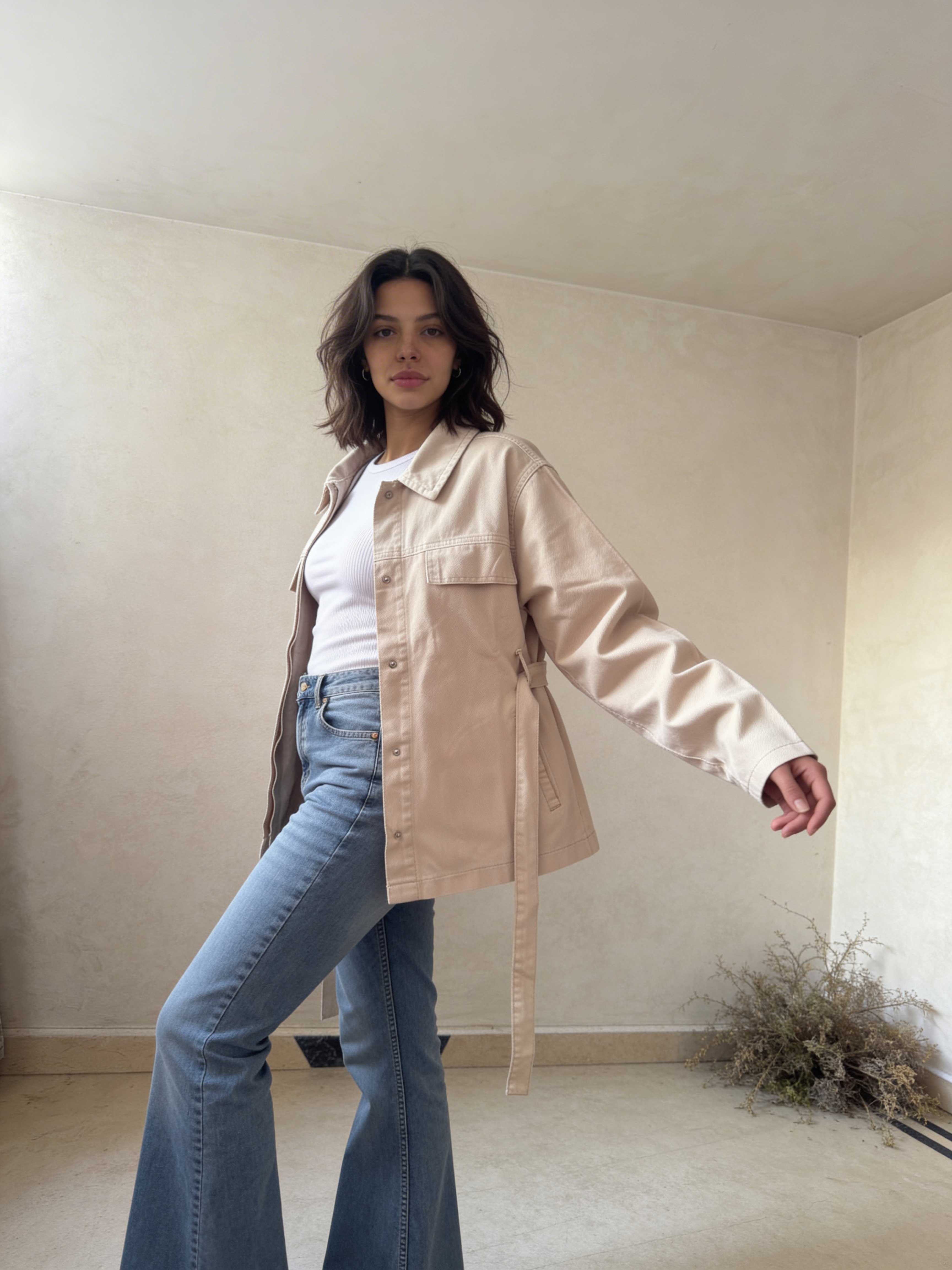 Jacket – Belted Oversized Beige Denim Jacket Jacket CIZARO - Cizaro Jeans