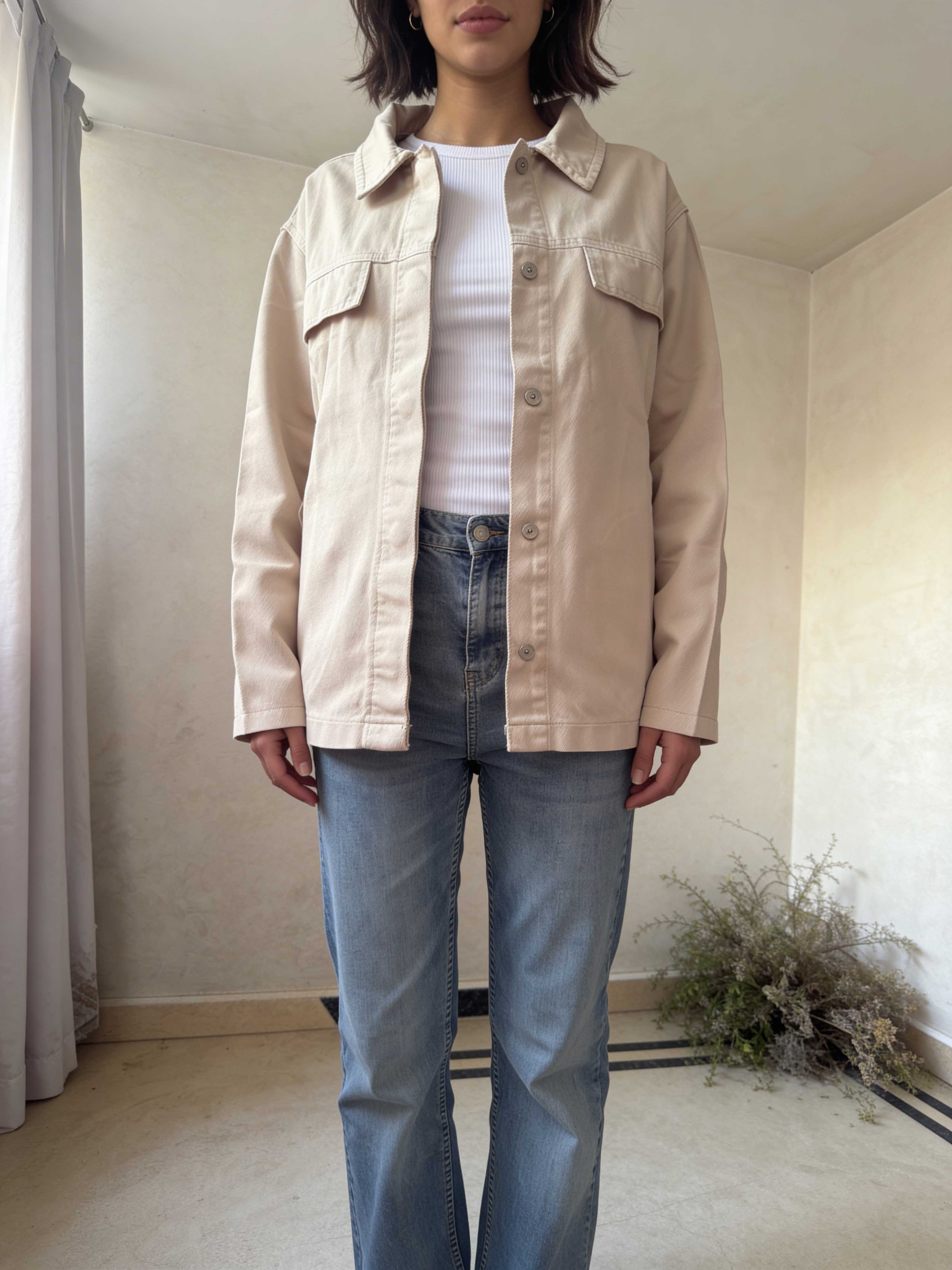 Jacket – Belted Oversized Beige Denim Jacket Jacket CIZARO - Cizaro Jeans