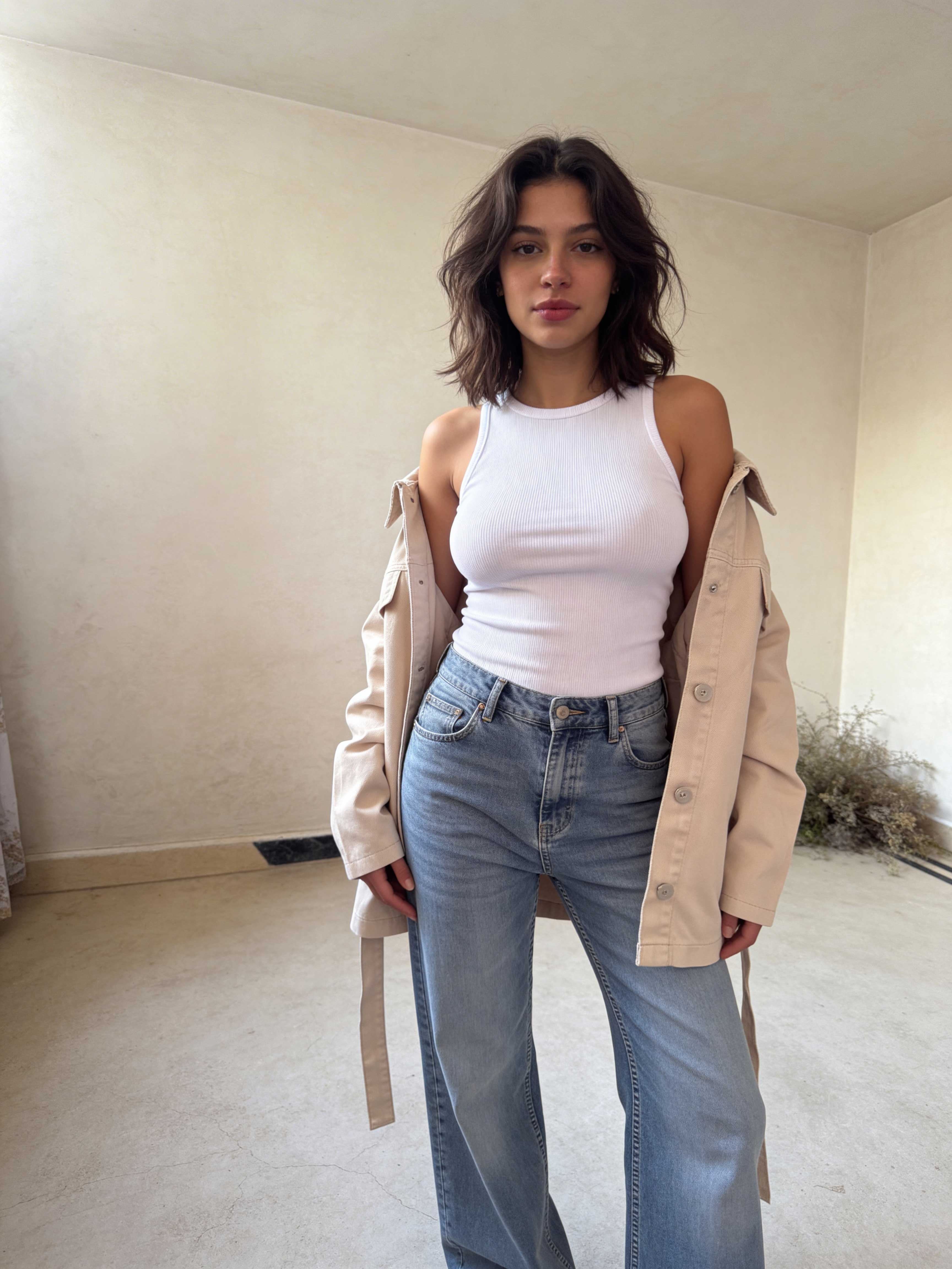 Jacket – Belted Oversized Beige Denim Jacket Jacket CIZARO - Cizaro Jeans