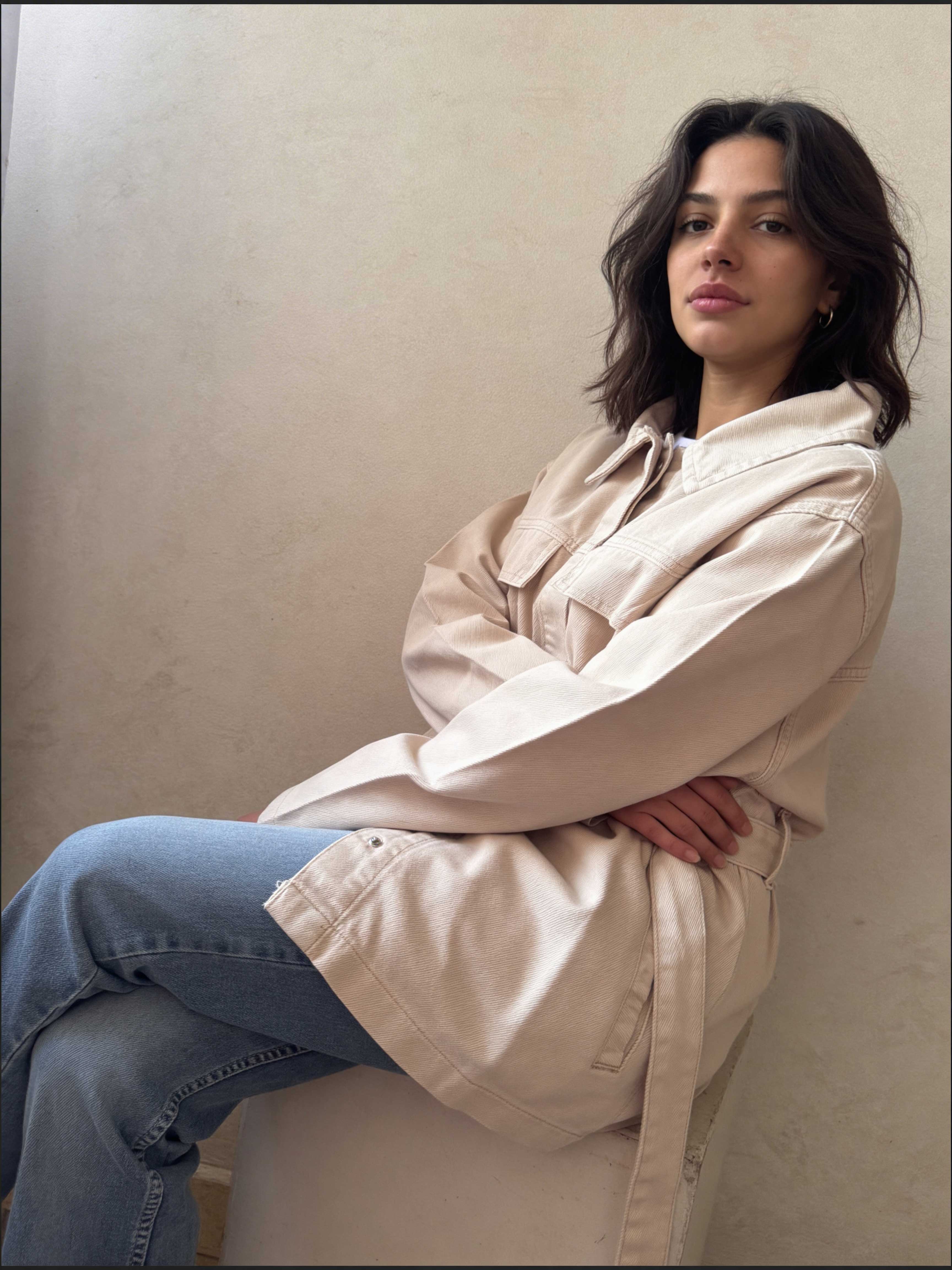 Jacket – Belted Oversized Beige Denim Jacket Jacket CIZARO - Cizaro Jeans