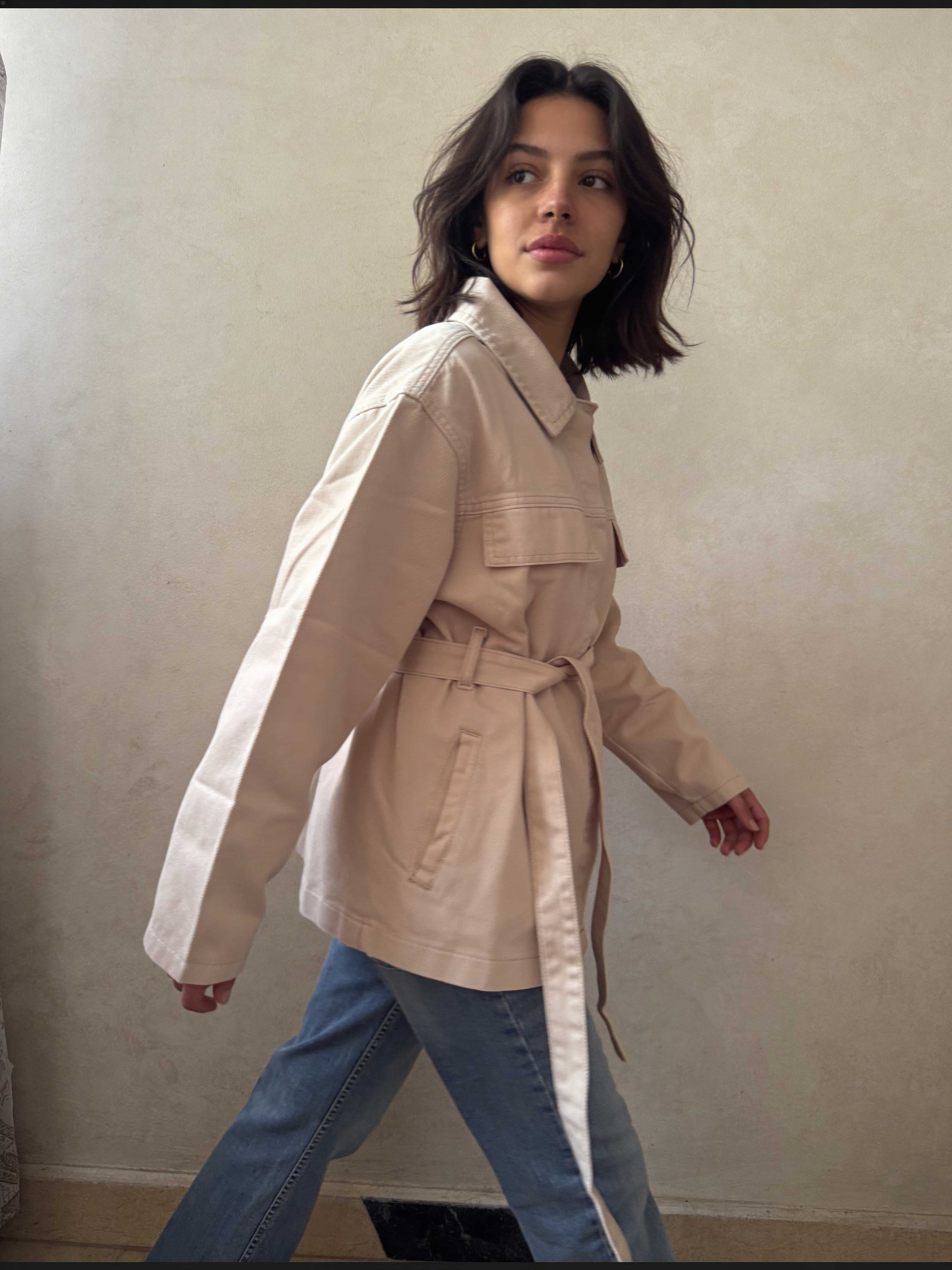 Jacket – Belted Oversized Beige Denim Jacket Jacket CIZARO - Cizaro Jeans