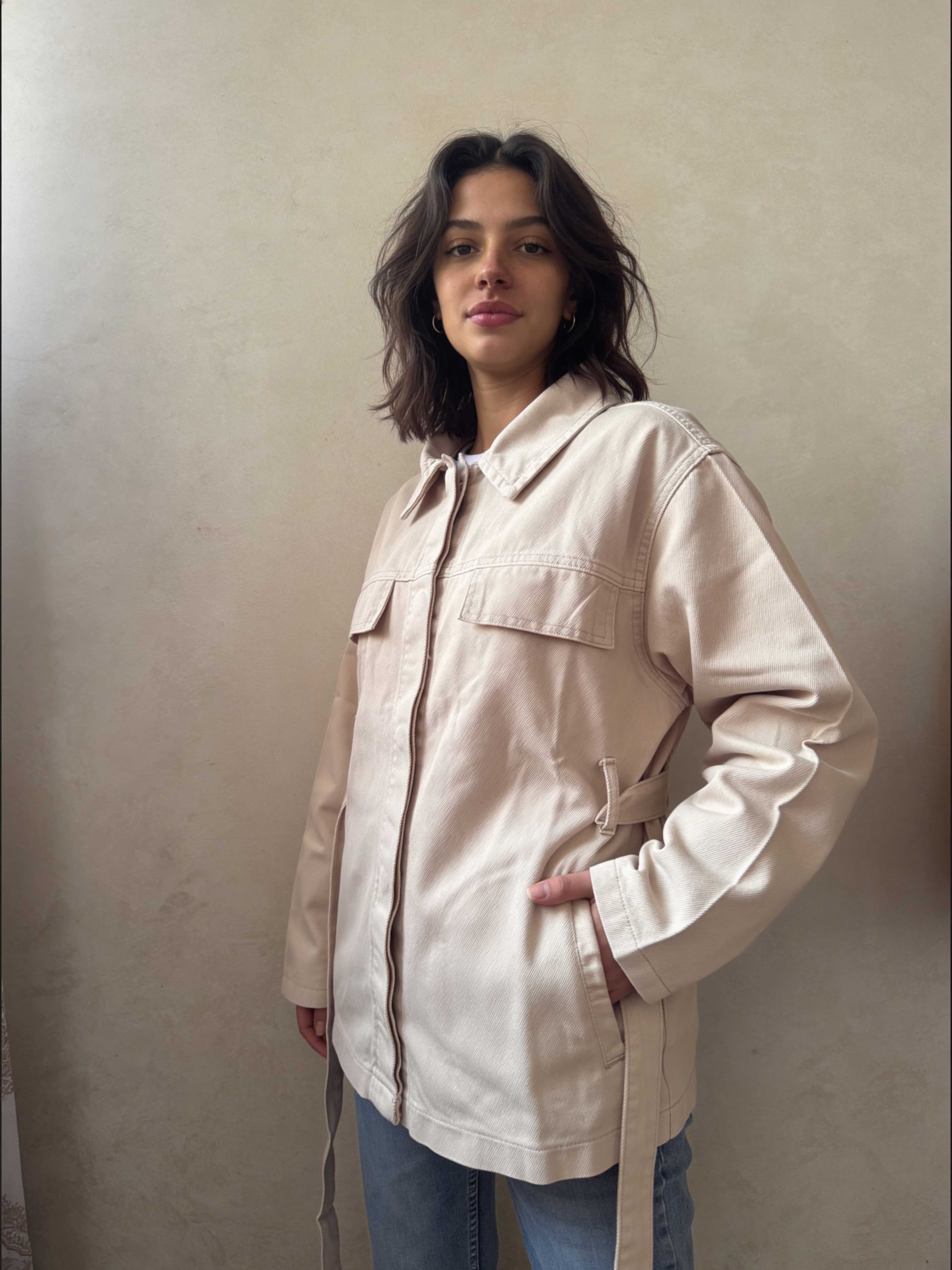 Jacket – Belted Oversized Beige Denim Jacket Jacket CIZARO - Cizaro Jeans