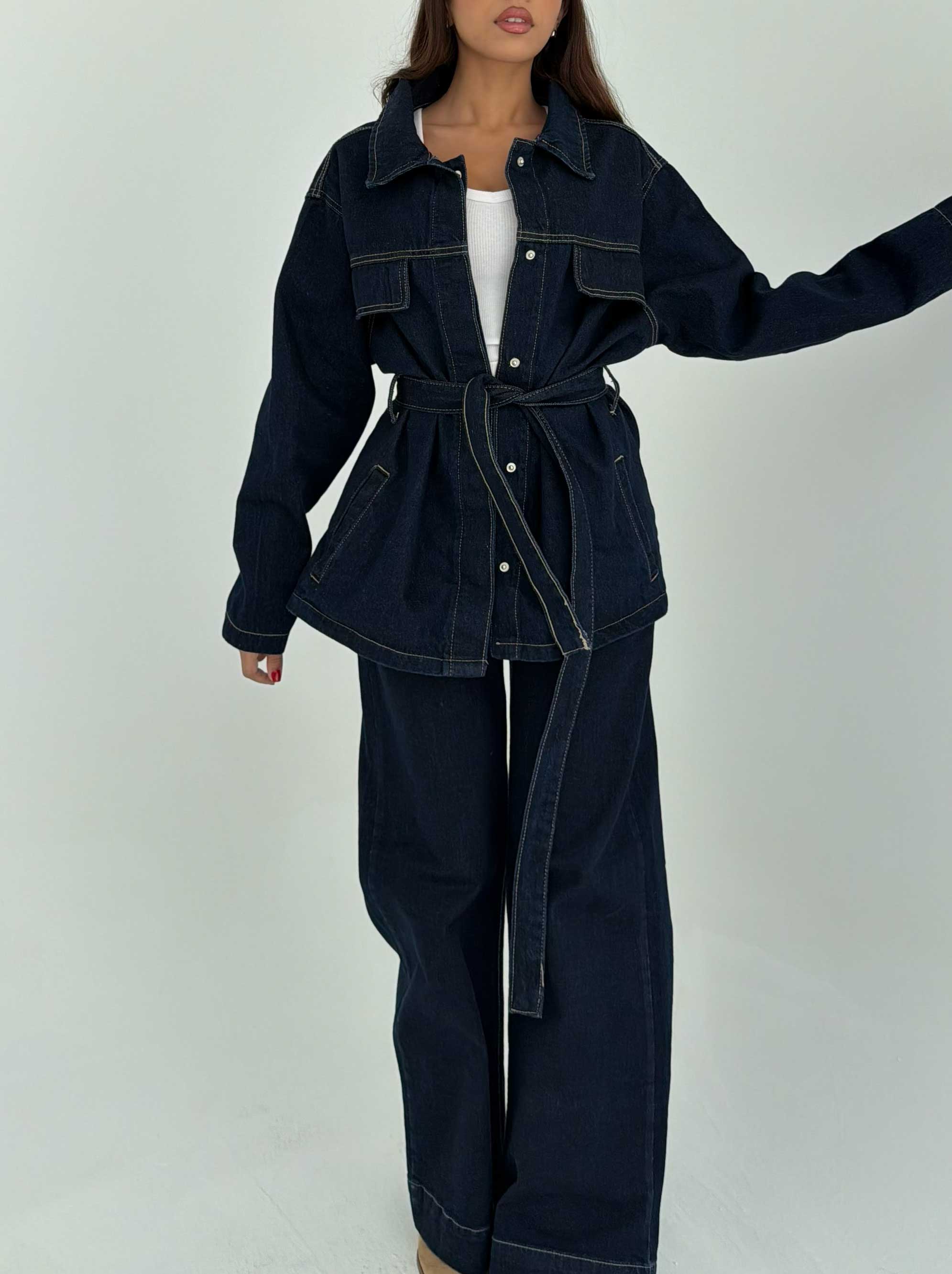 Jacket - Belted Button-Up Oversized Raw Denim Jacket CIZARO - Cizaro Jeans