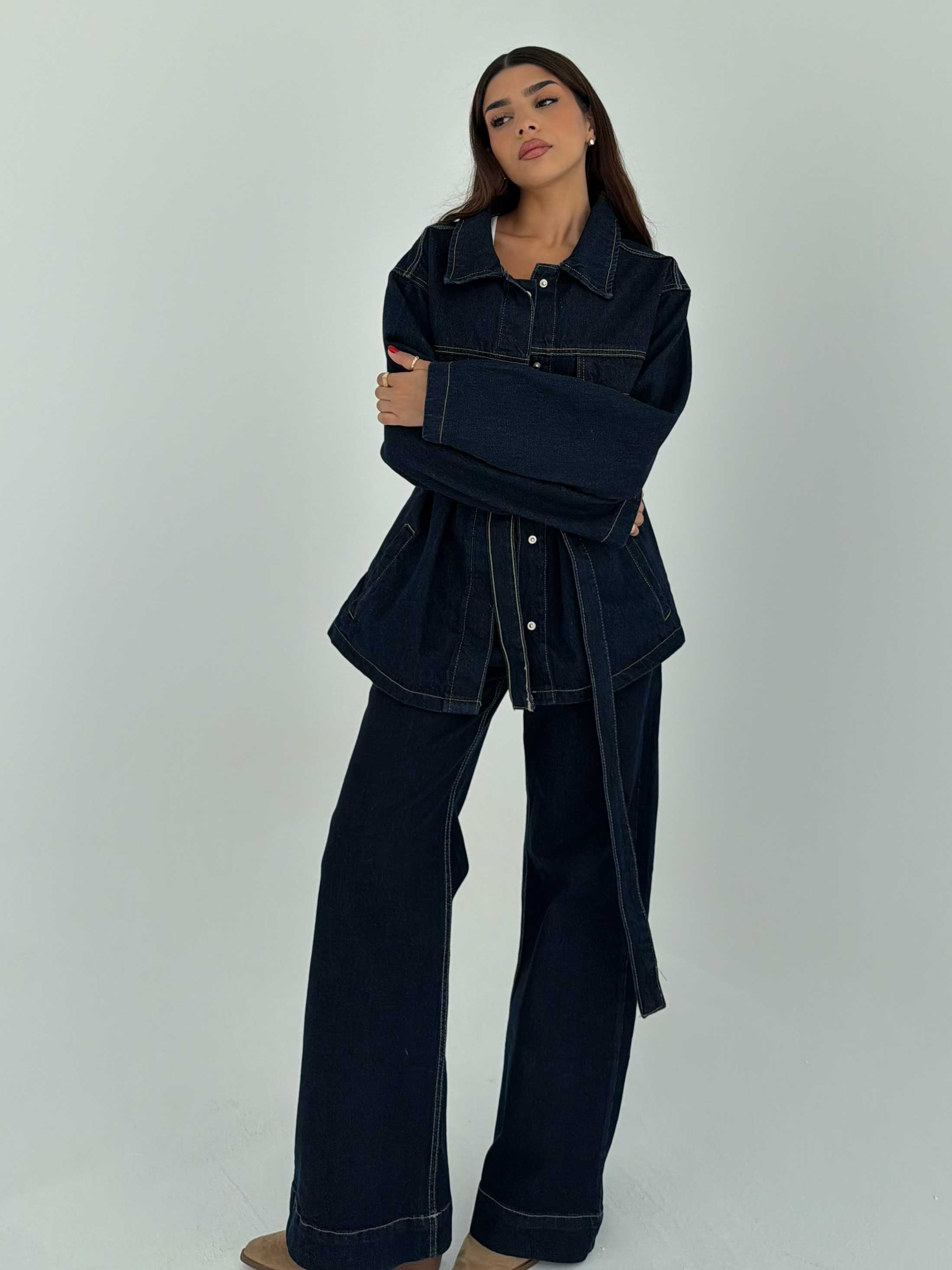 Jacket - Belted Button-Up Oversized Raw Denim Jacket CIZARO - Cizaro Jeans