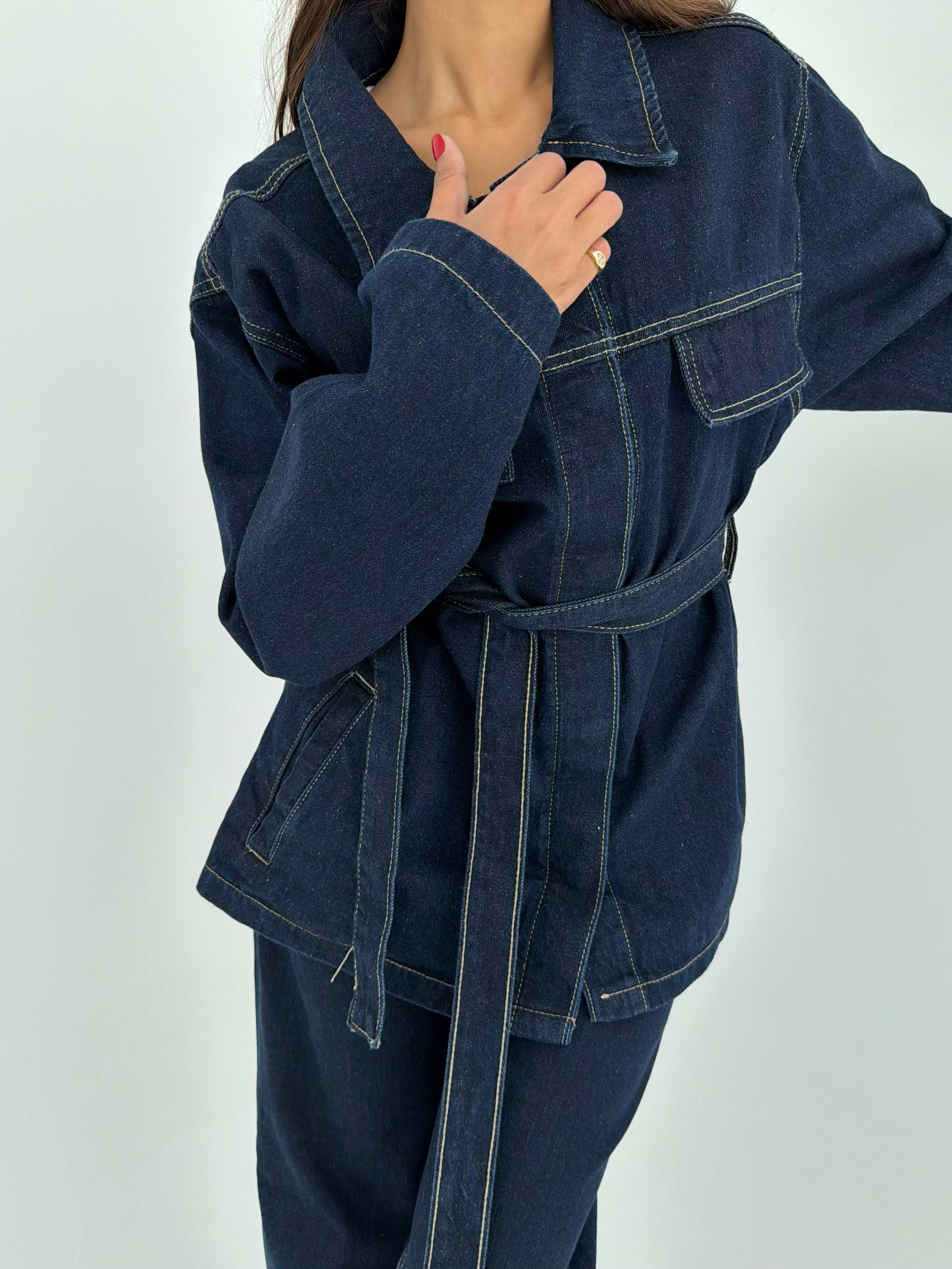 Jacket - Belted Button-Up Oversized Raw Denim Jacket CIZARO - Cizaro Jeans
