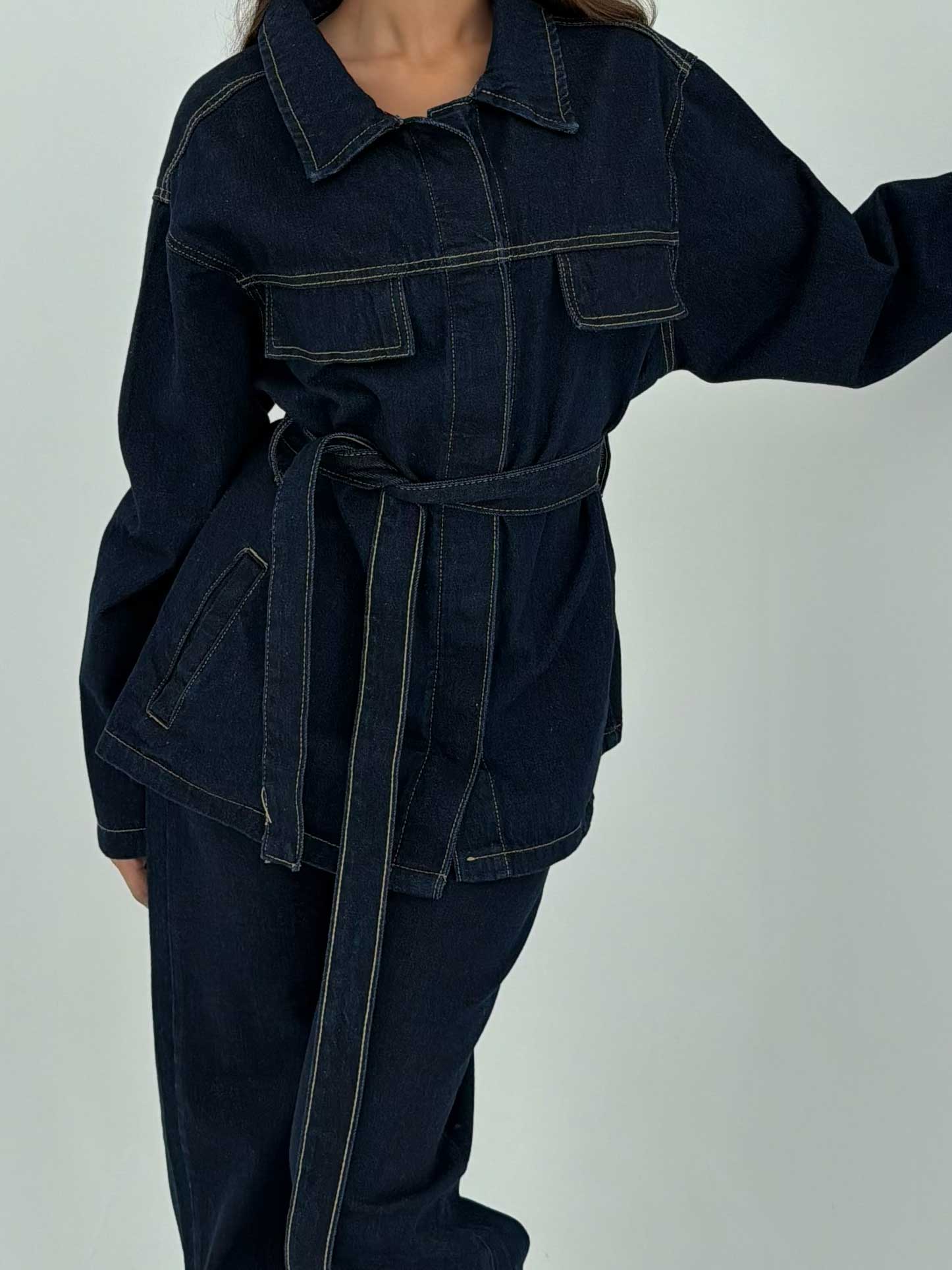 Jacket - Belted Button-Up Oversized Raw Denim Jacket CIZARO - Cizaro Jeans