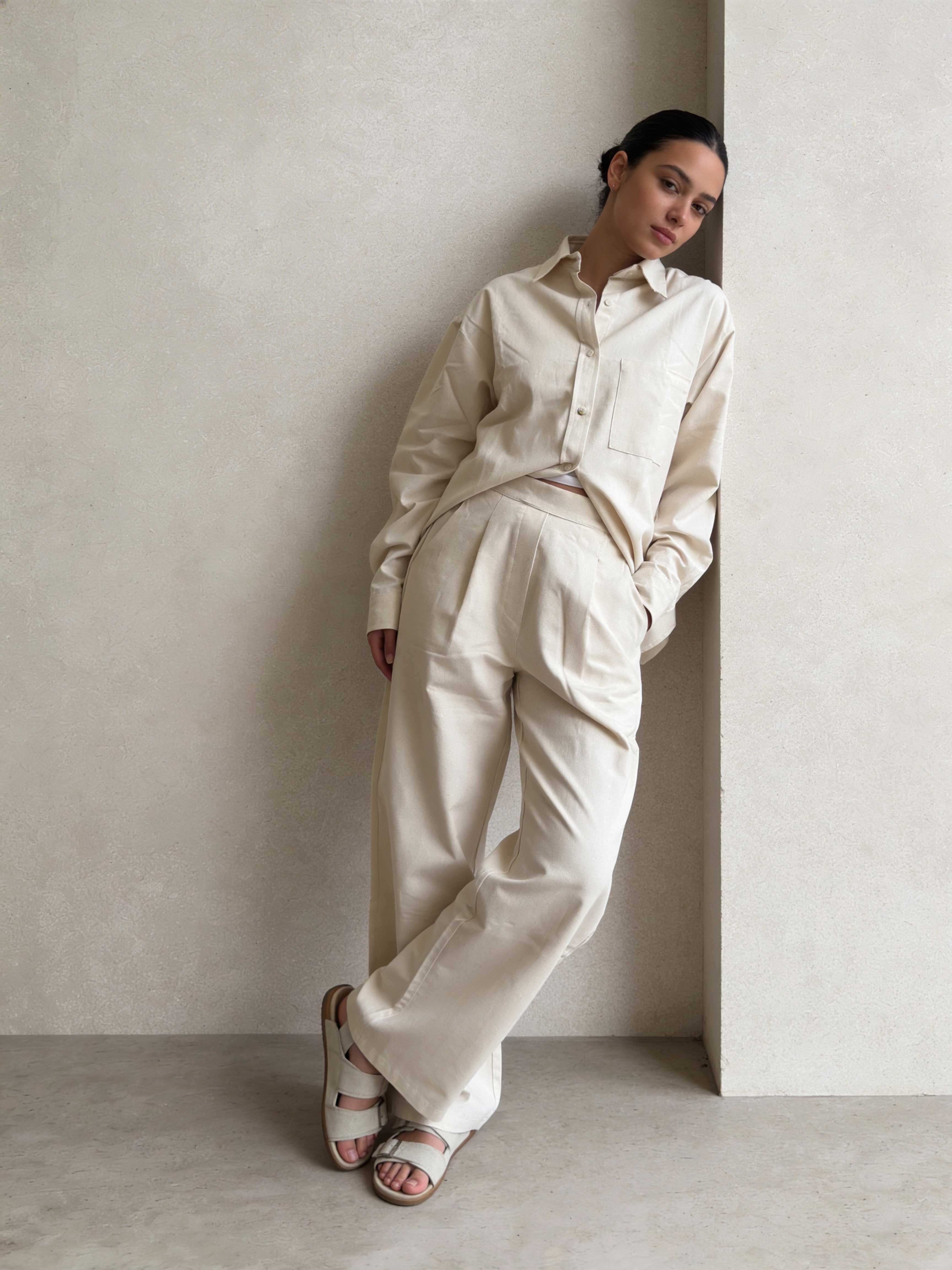 Trousers – Ecru Wide-Leg Linen Effect Trousers