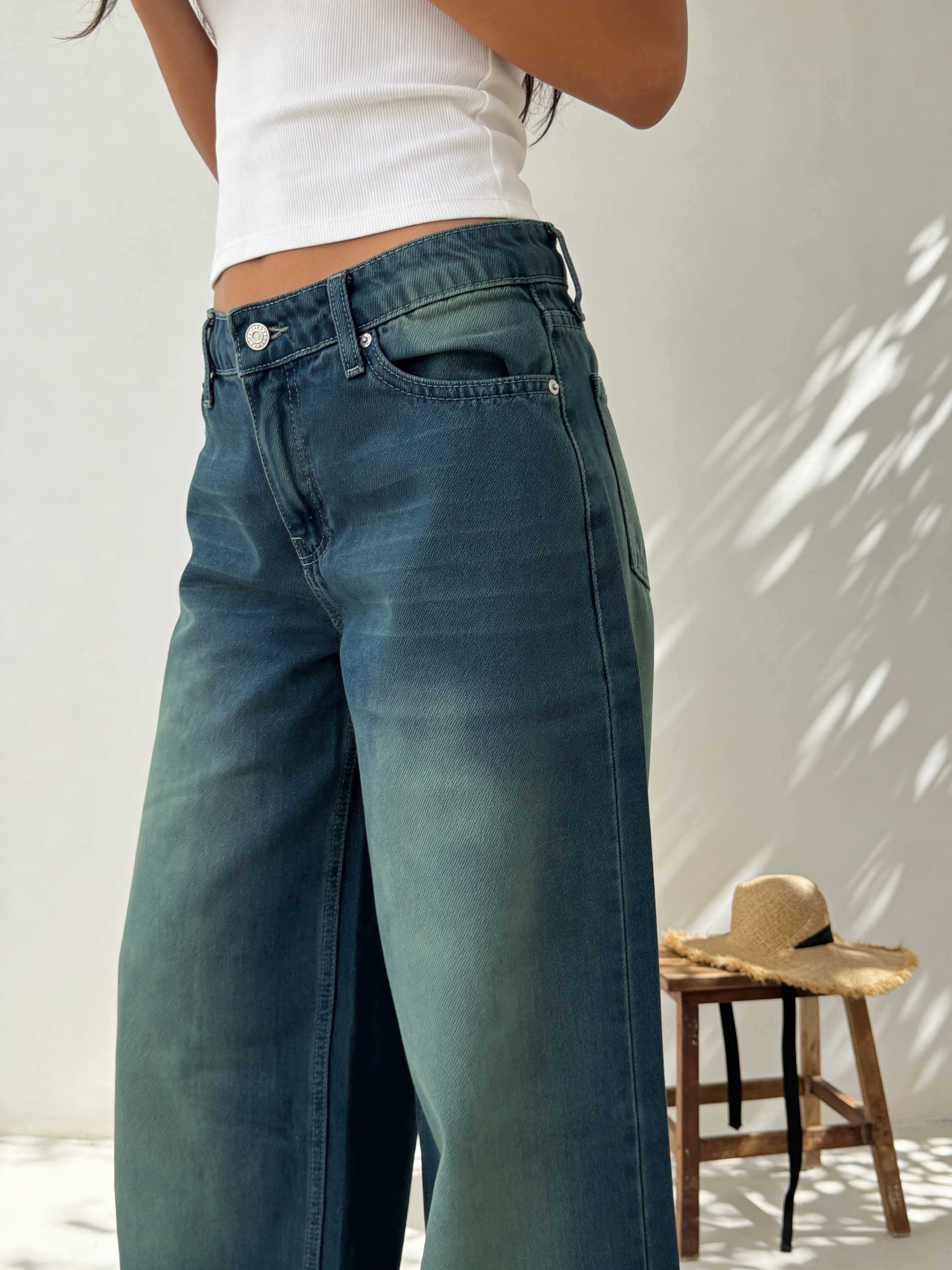 Super Baggy – Mid-Rise Vintage Blue Green Jeans Super Baggy CIZARO - Cizaro Jeans