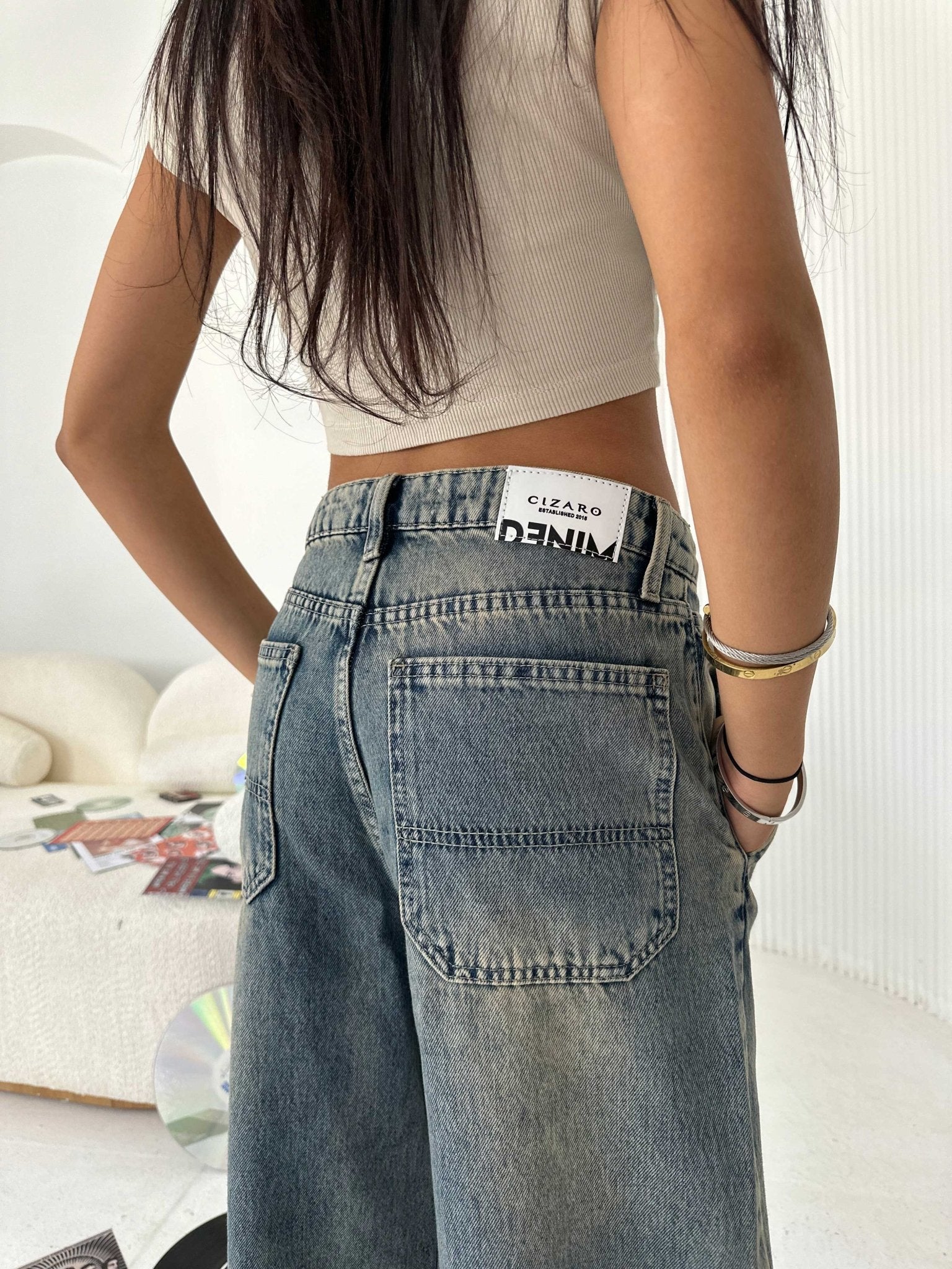 Skater - High-Waist Medium Vintage Blue Jeans Mom-Fit CIZARO - Cizaro Jeans