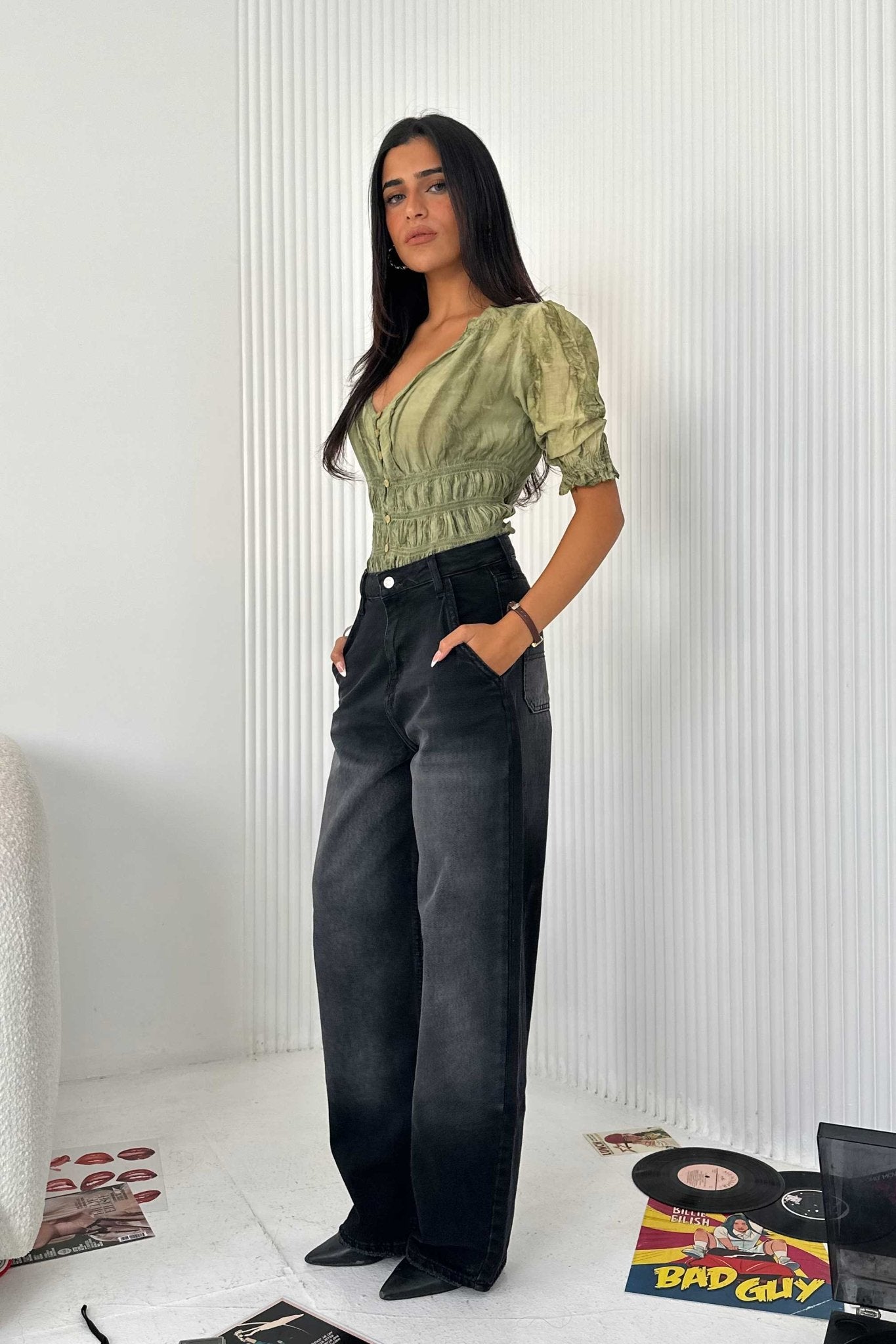 Skater - High-Waist Faded Charcoal Jeans Skater CIZARO - Cizaro Jeans