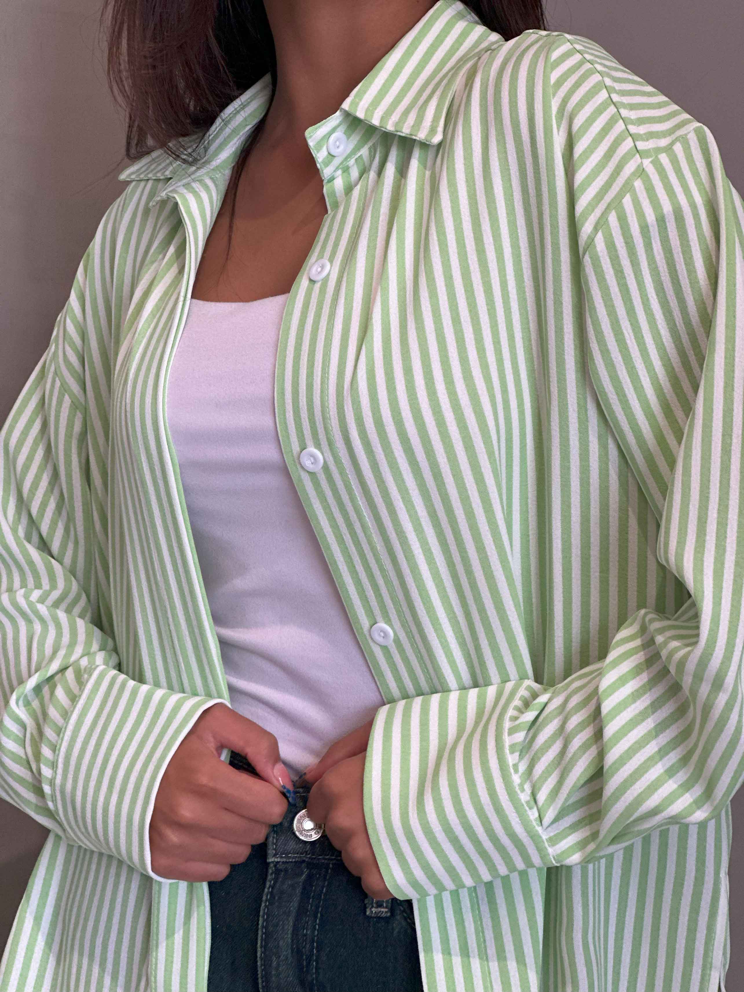 Shirt - Lime Green/White Striped. New Line CIZARO - Cizaro Jeans