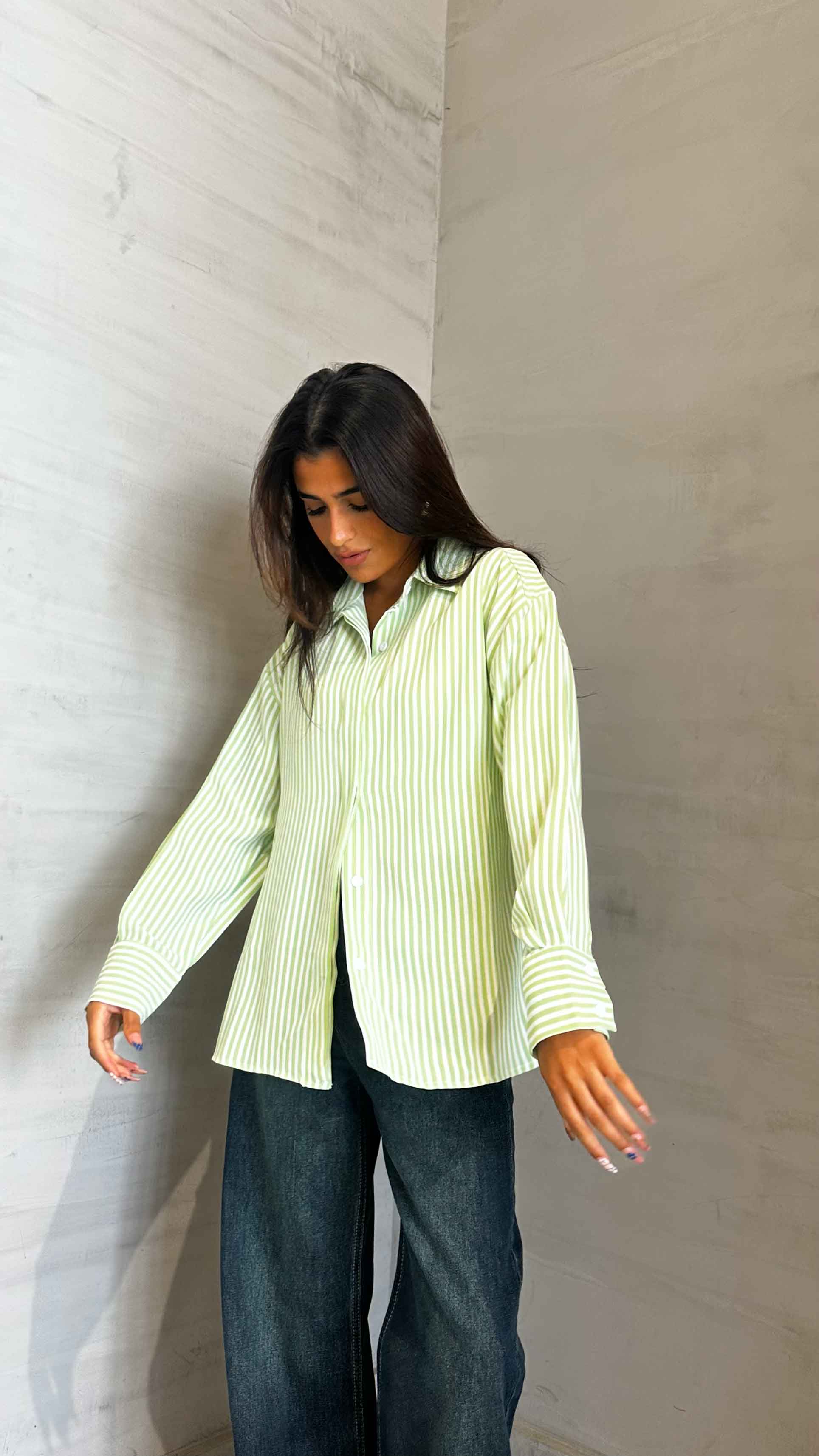Shirt - Lime Green/White Striped. New Line CIZARO - Cizaro Jeans