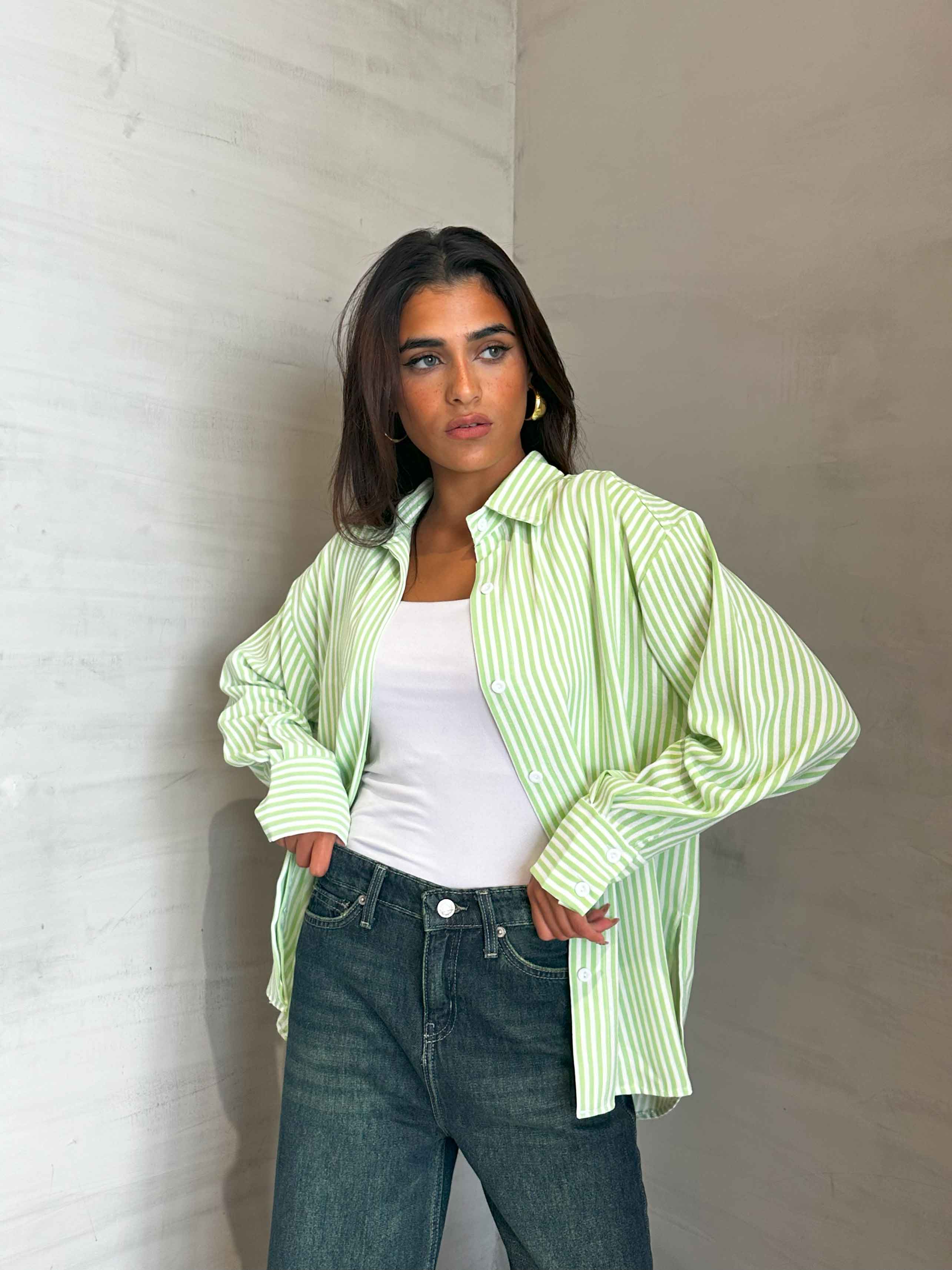 Shirt - Lime Green/White Striped. New Line CIZARO - Cizaro Jeans