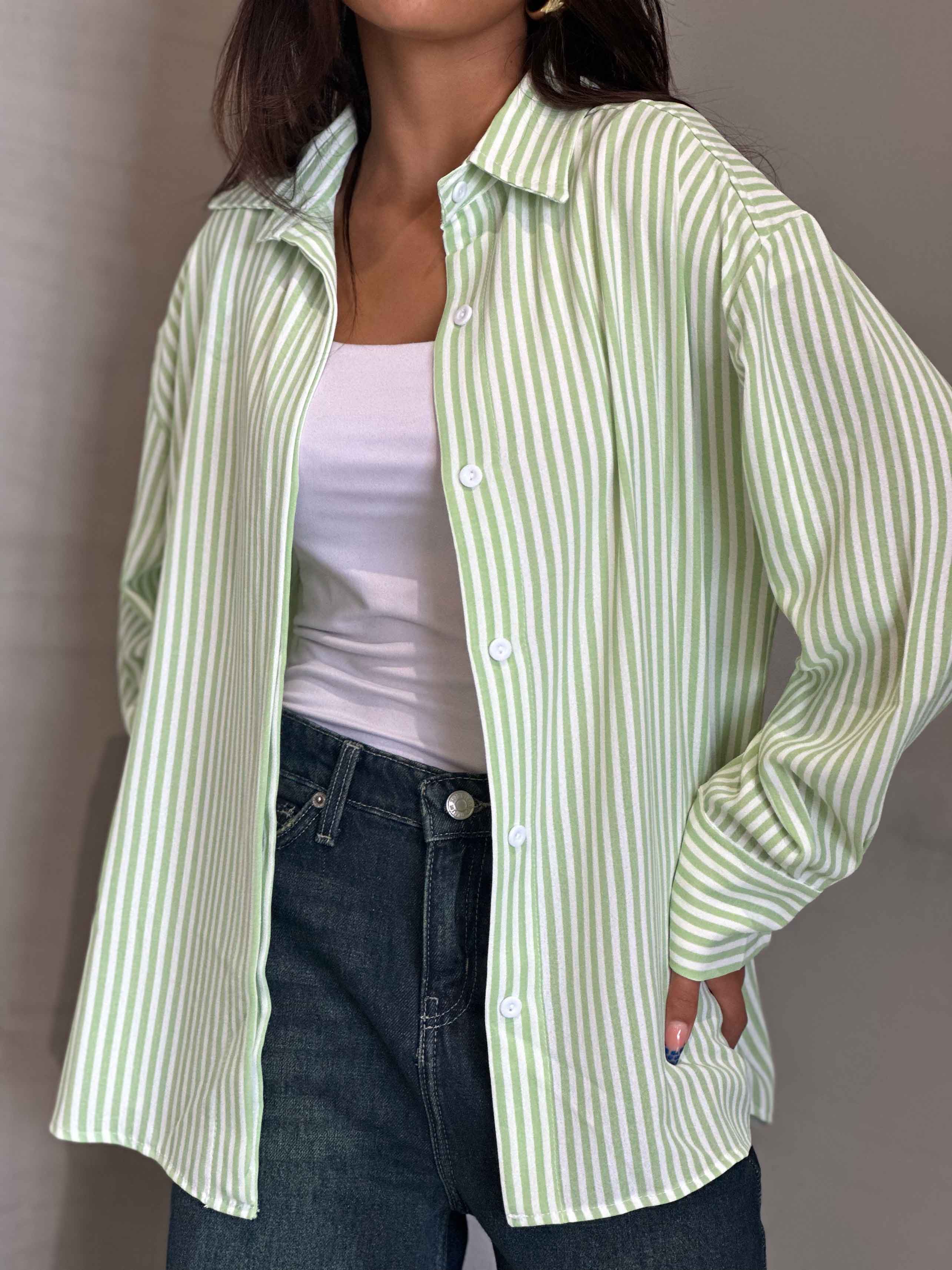 Shirt - Lime Green/White Striped. New Line CIZARO - Cizaro Jeans
