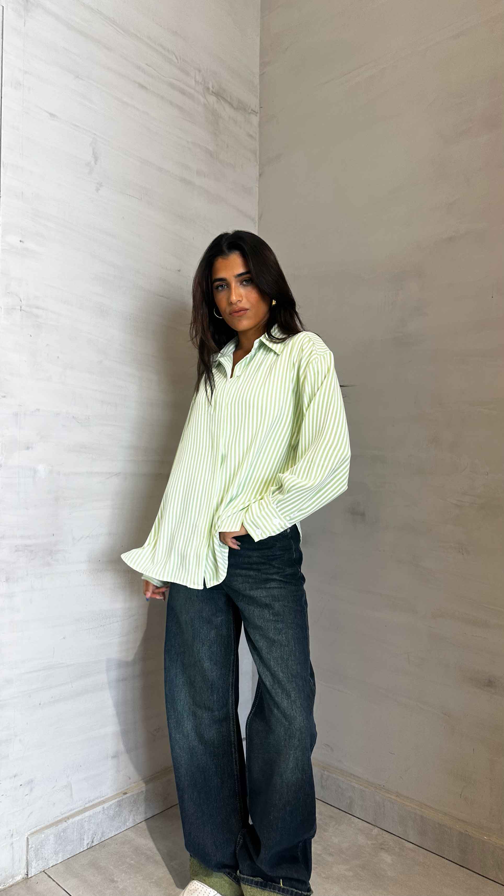 Shirt - Lime Green/White Striped. New Line CIZARO - Cizaro Jeans