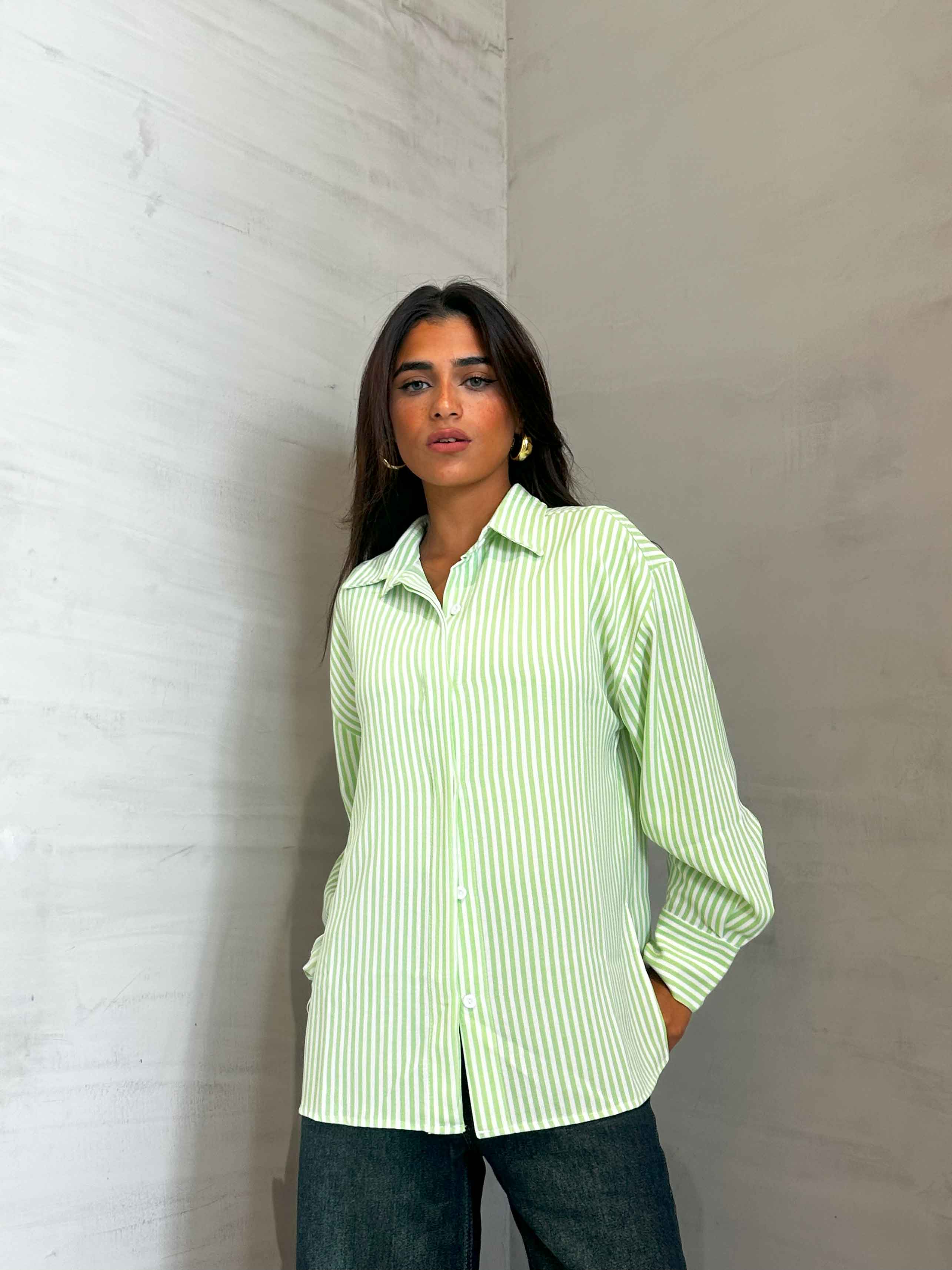 Shirt - Lime Green/White Striped. New Line CIZARO - Cizaro Jeans