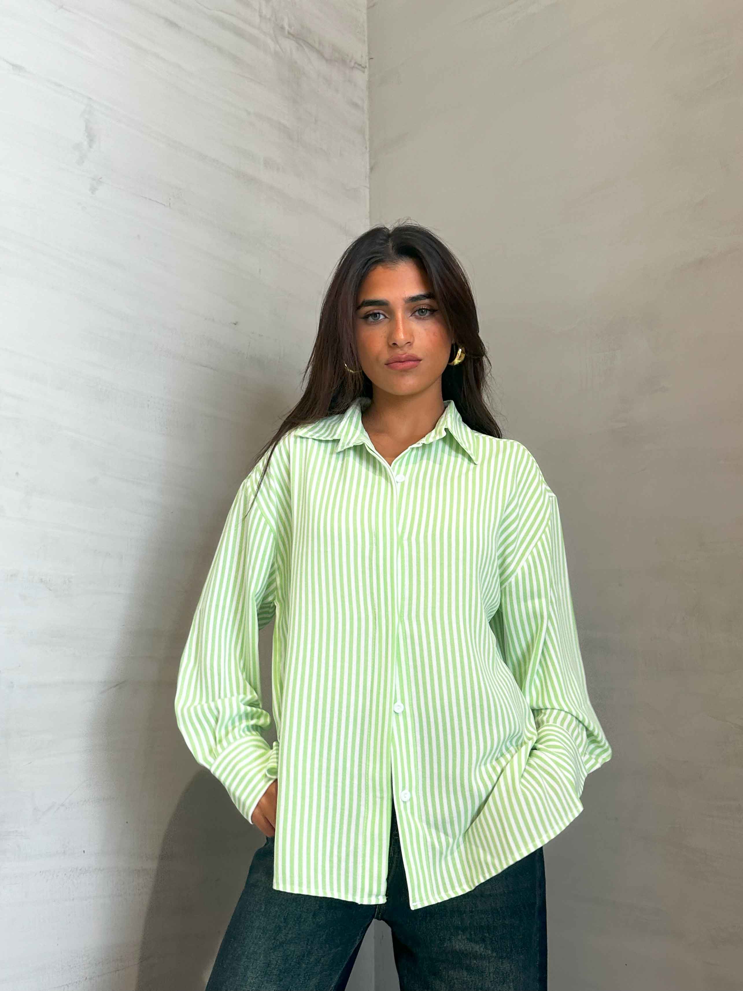 Shirt - Lime Green/White Striped. New Line CIZARO - Cizaro Jeans