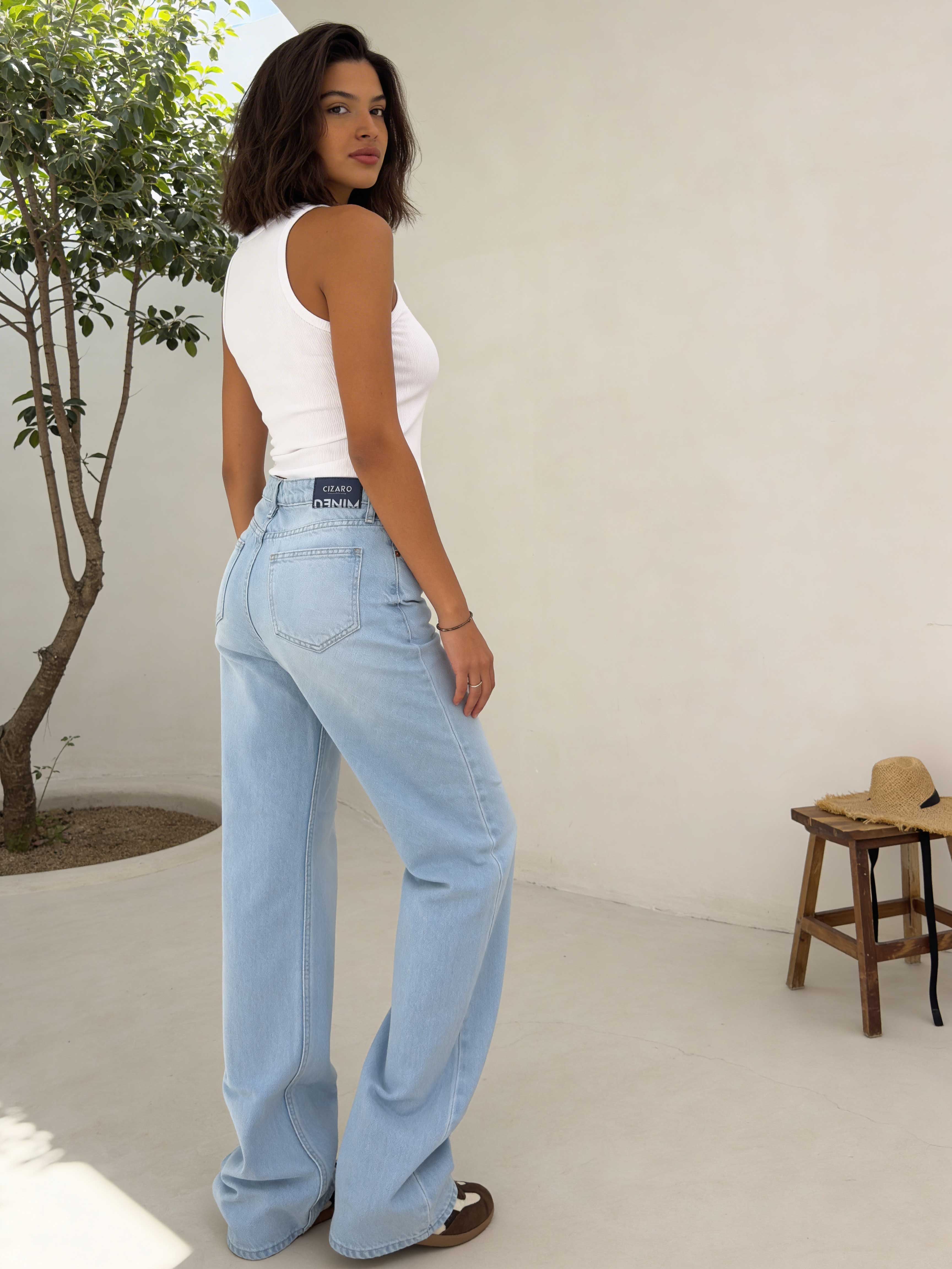 Straight – High-Waist Bleach Blue Jeans Straight CIZARO - Cizaro Jeans