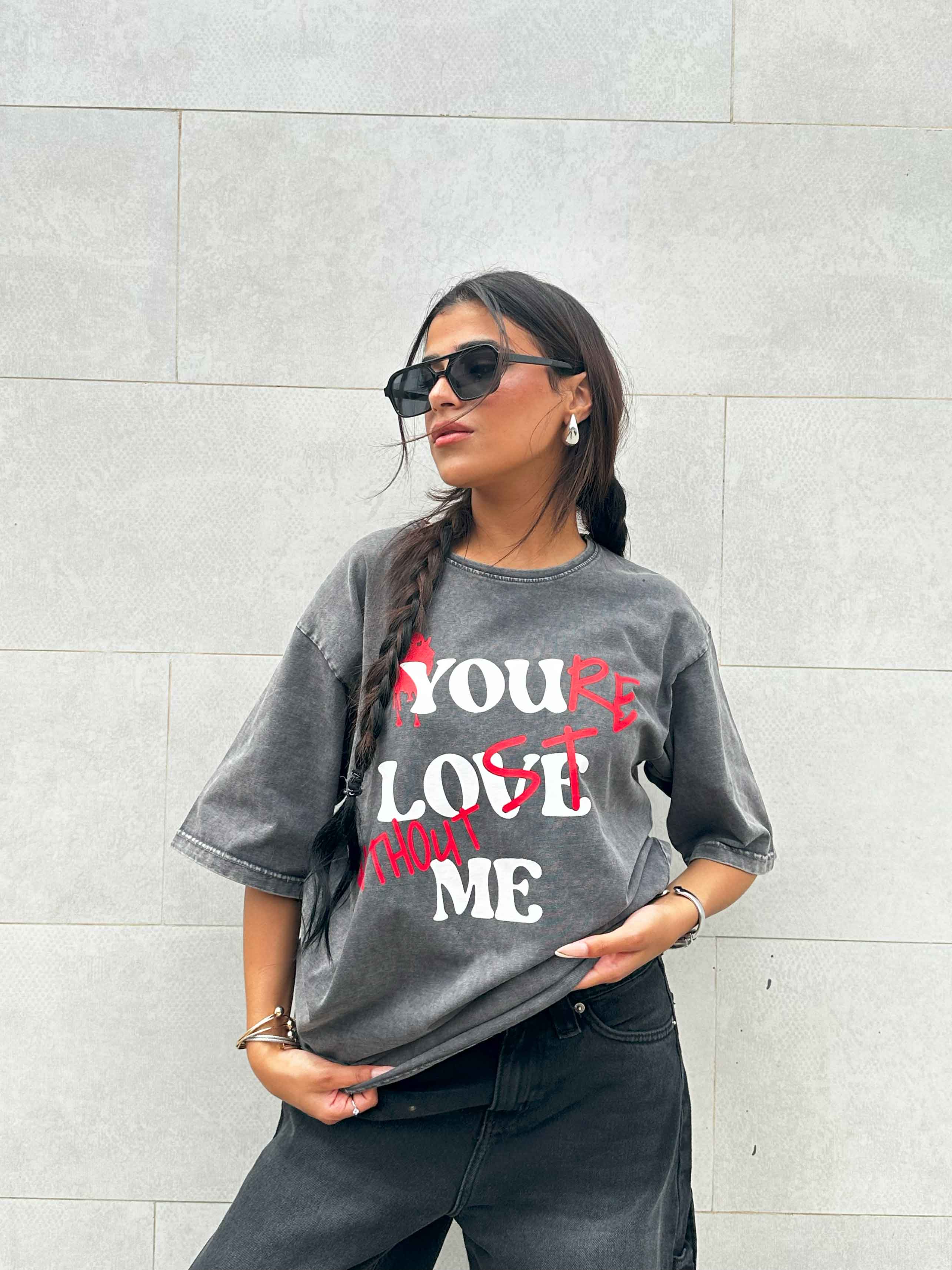 Graphic Print Washed Gery Oversized Tee. T-Shirts CIZARO - Cizaro Jeans