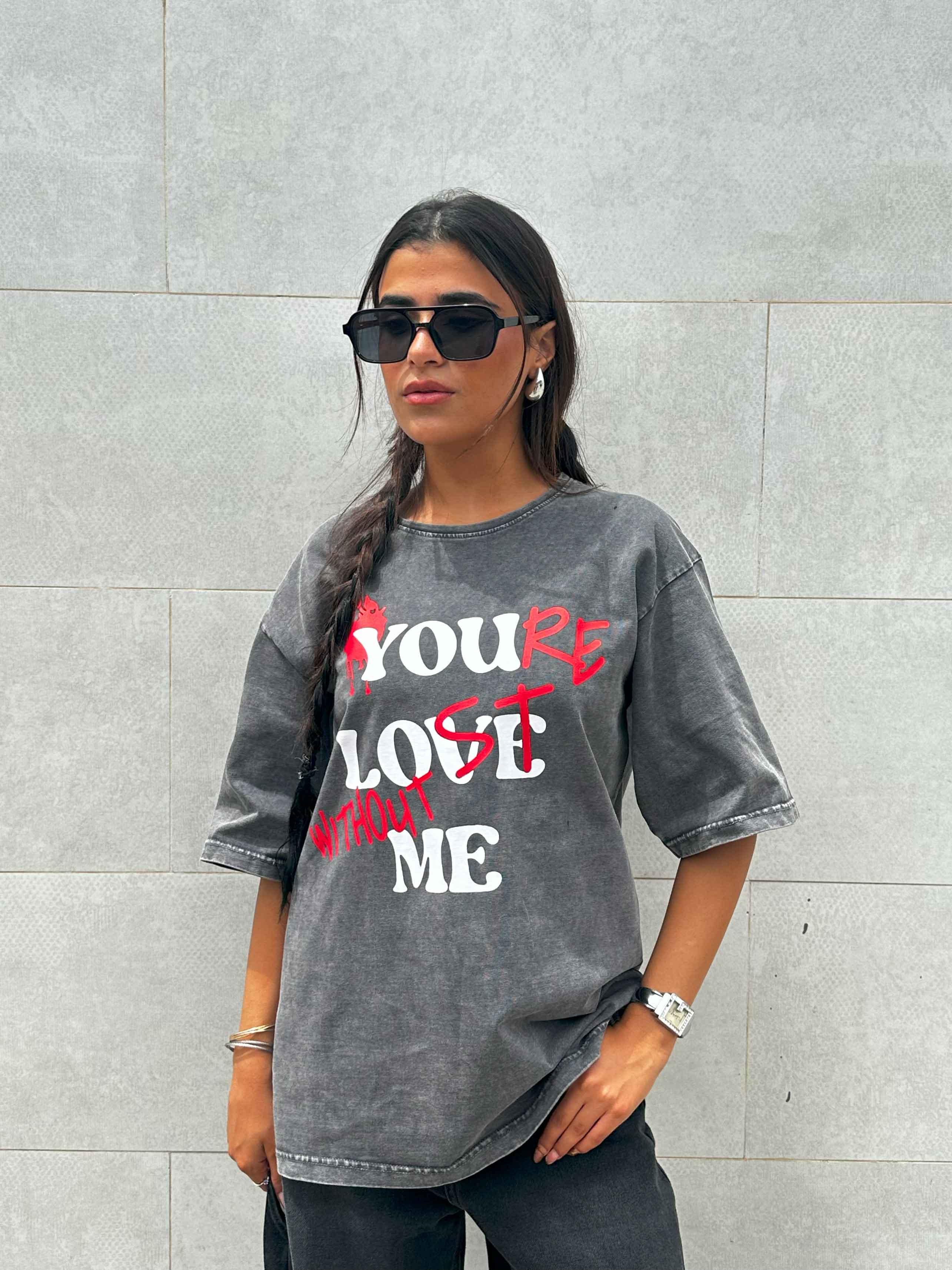 Graphic Print Washed Gery Oversized Tee. T-Shirts CIZARO - Cizaro Jeans