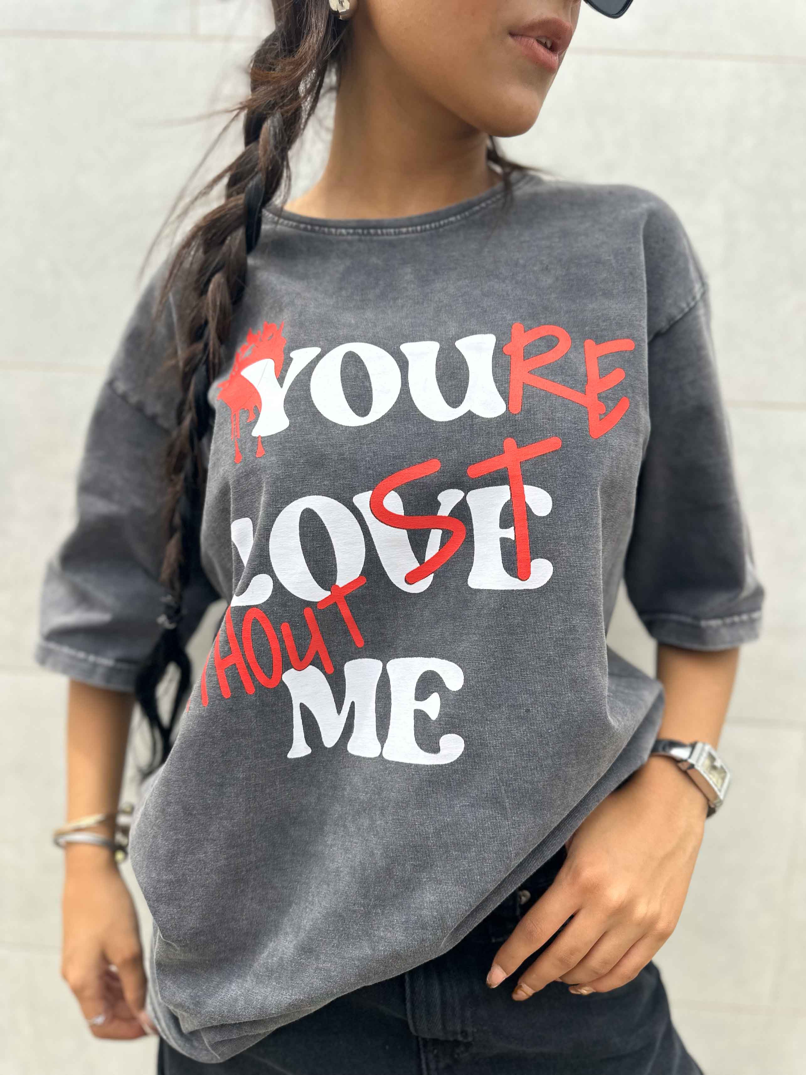 Graphic Print Washed Gery Oversized Tee. T-Shirts CIZARO - Cizaro Jeans