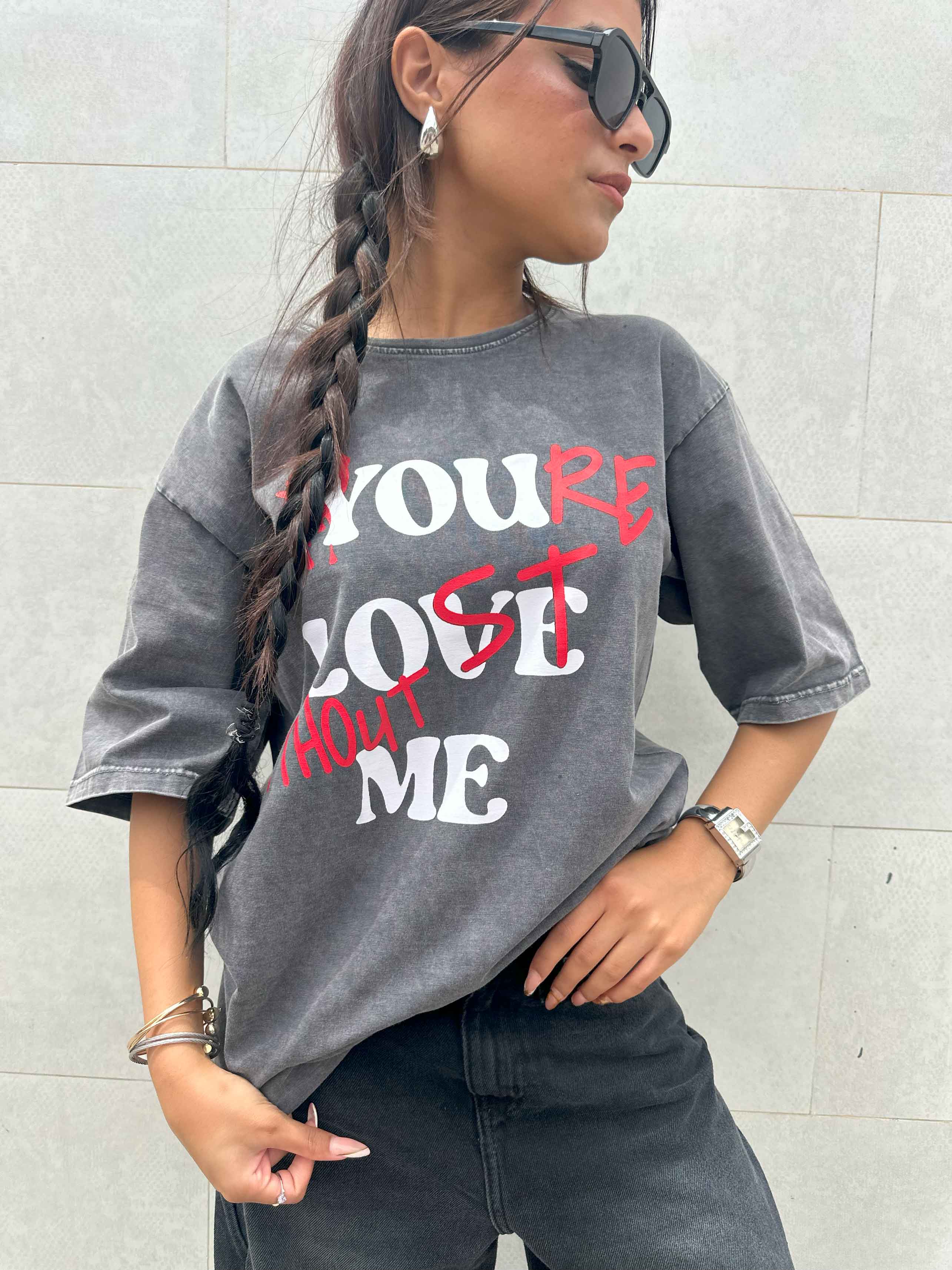 Graphic Print Washed Gery Oversized Tee. T-Shirts CIZARO - Cizaro Jeans