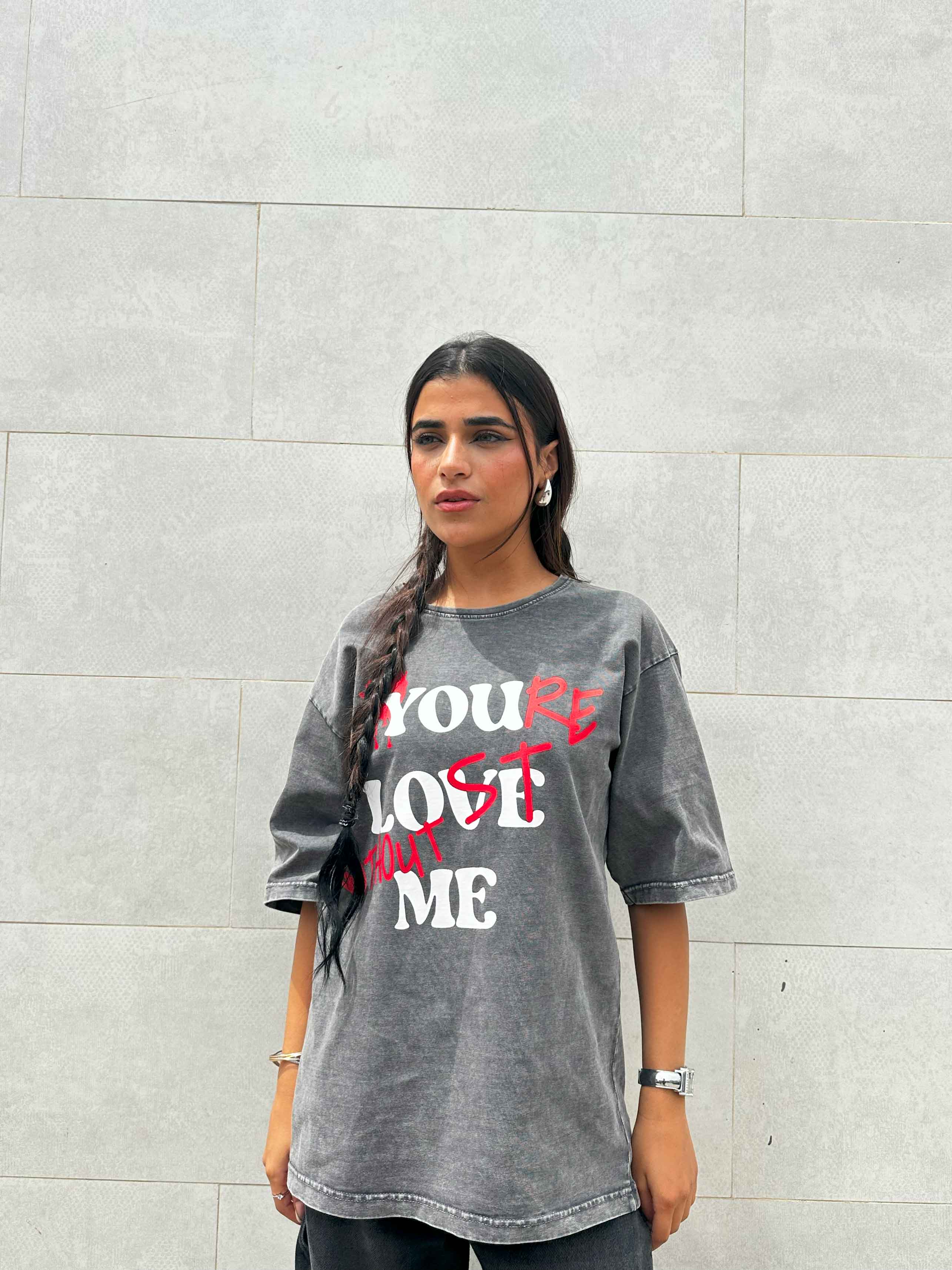 Graphic Print Washed Gery Oversized Tee. T-Shirts CIZARO - Cizaro Jeans