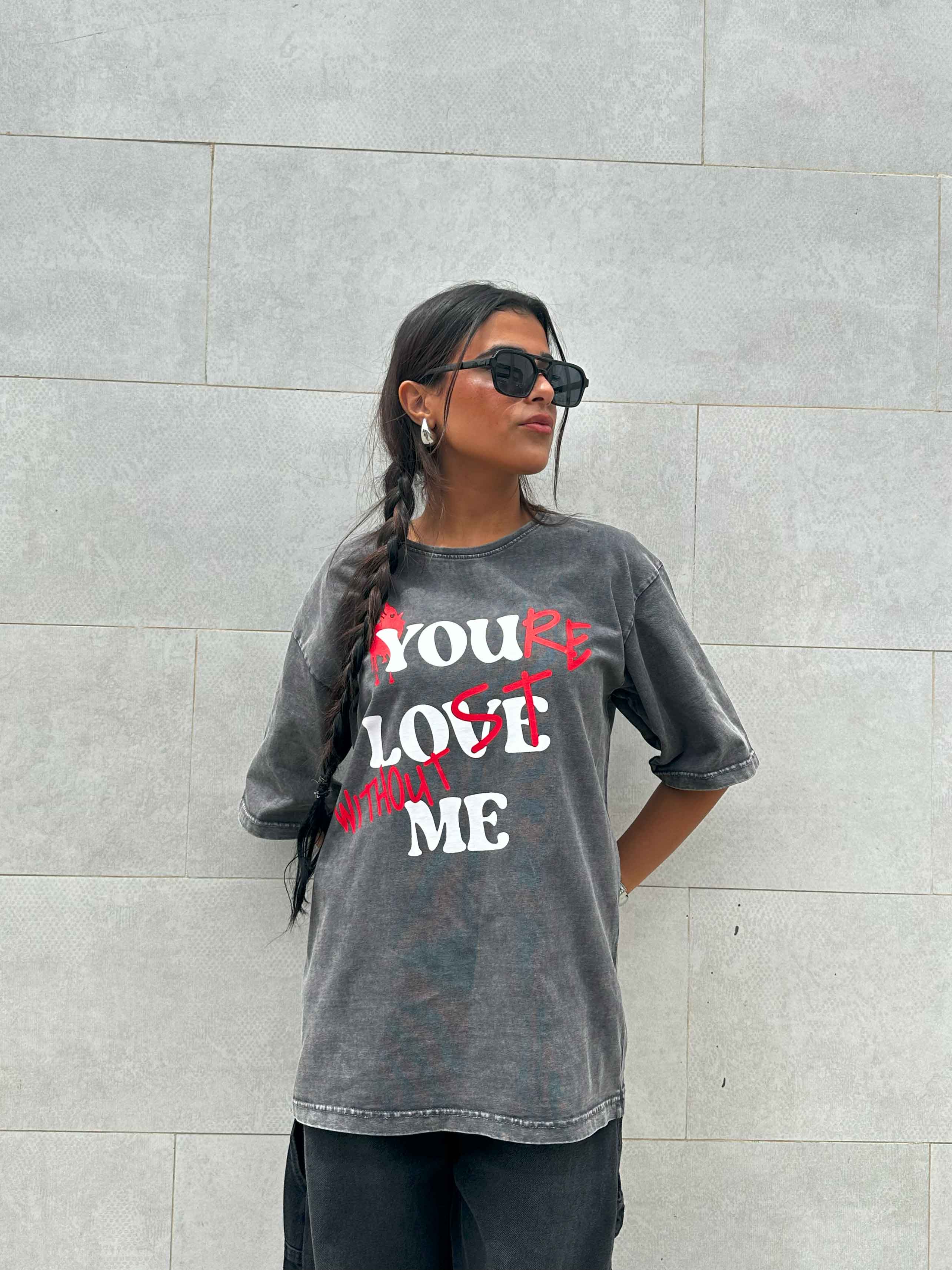 Graphic Print Washed Gery Oversized Tee. T-Shirts CIZARO - Cizaro Jeans