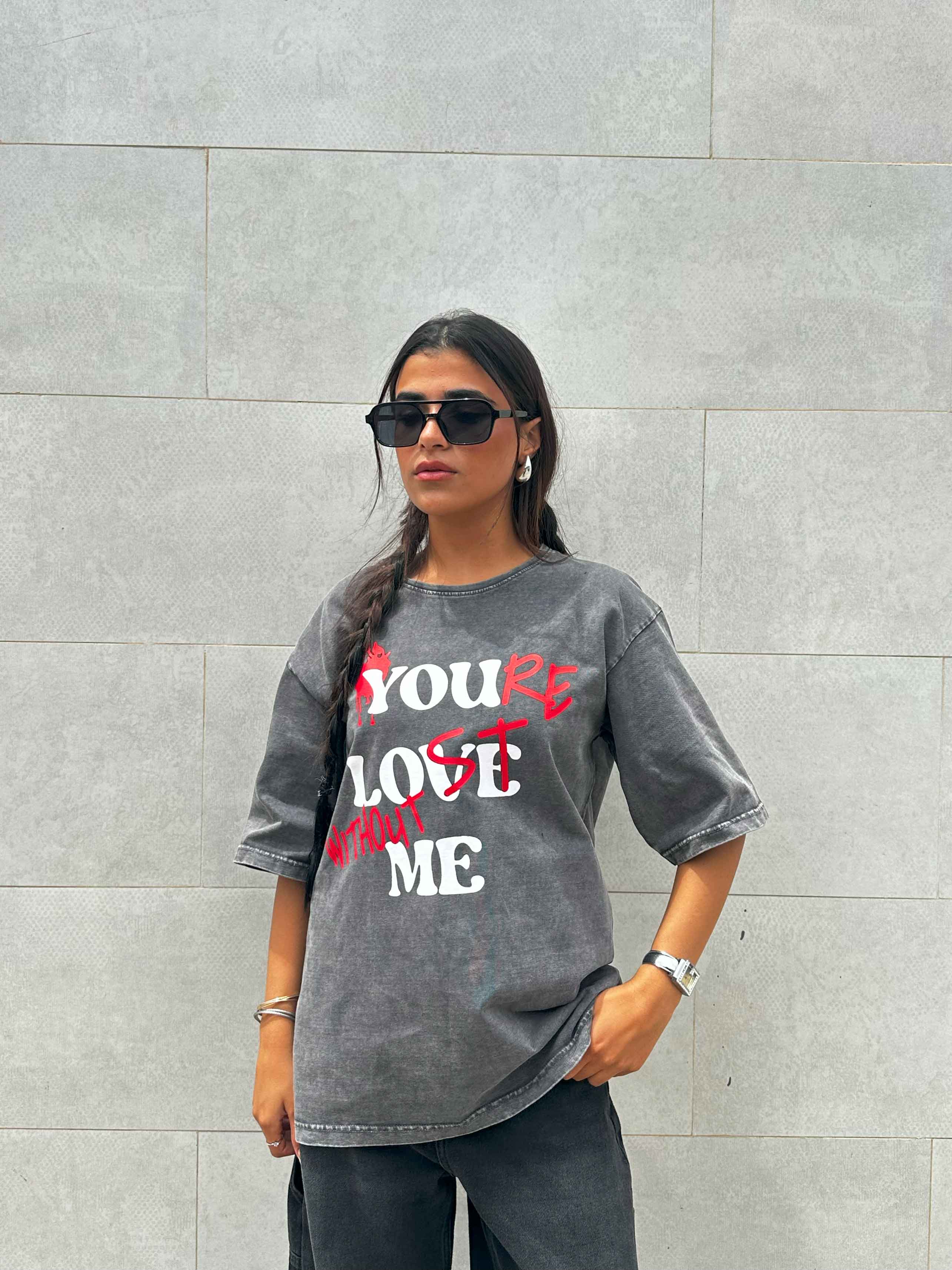 Graphic Print Washed Gery Oversized Tee. T-Shirts CIZARO - Cizaro Jeans