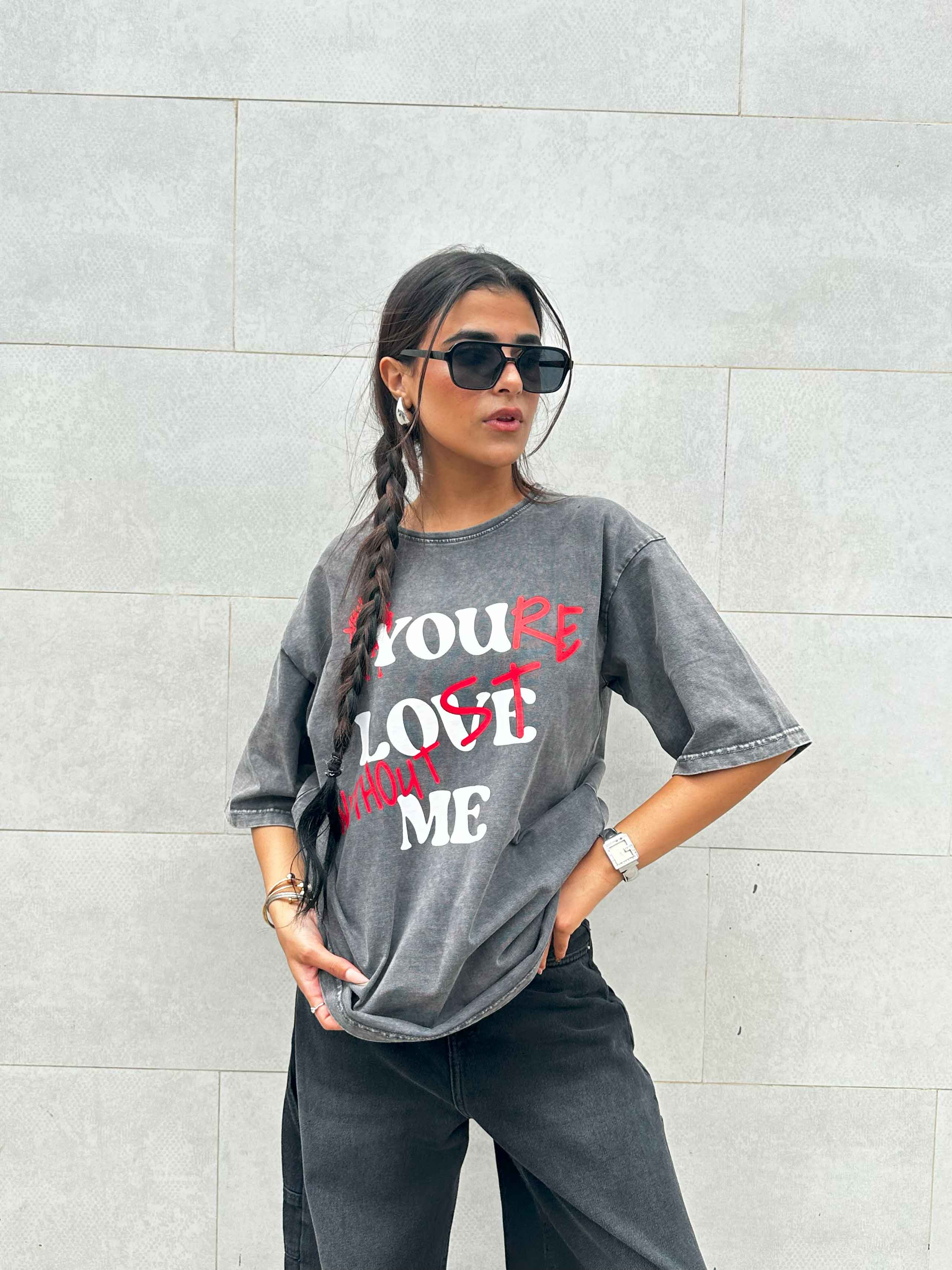 Graphic Print Washed Gery Oversized Tee. T-Shirts CIZARO - Cizaro Jeans
