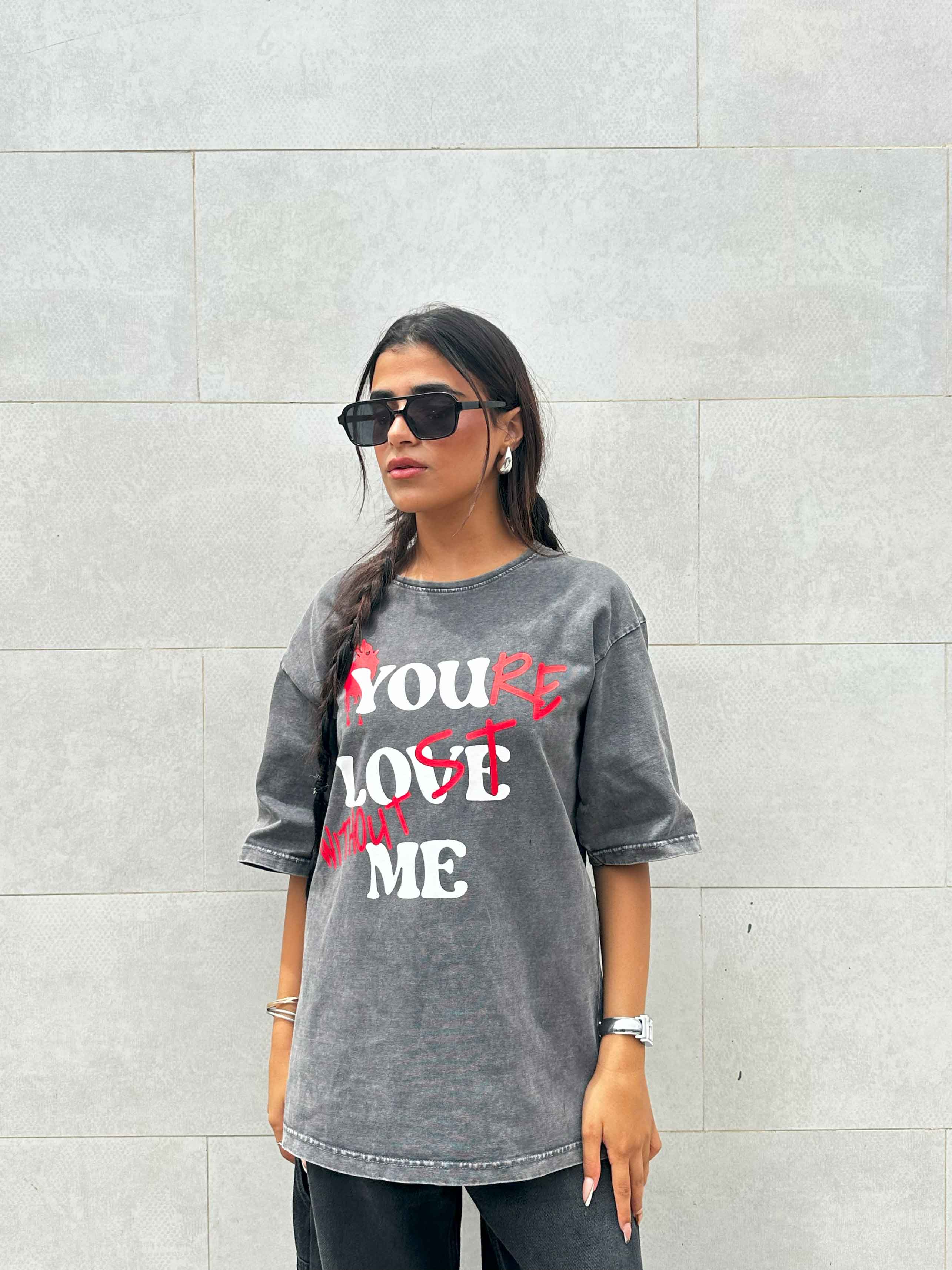 Graphic Print Washed Gery Oversized Tee. T-Shirts CIZARO - Cizaro Jeans