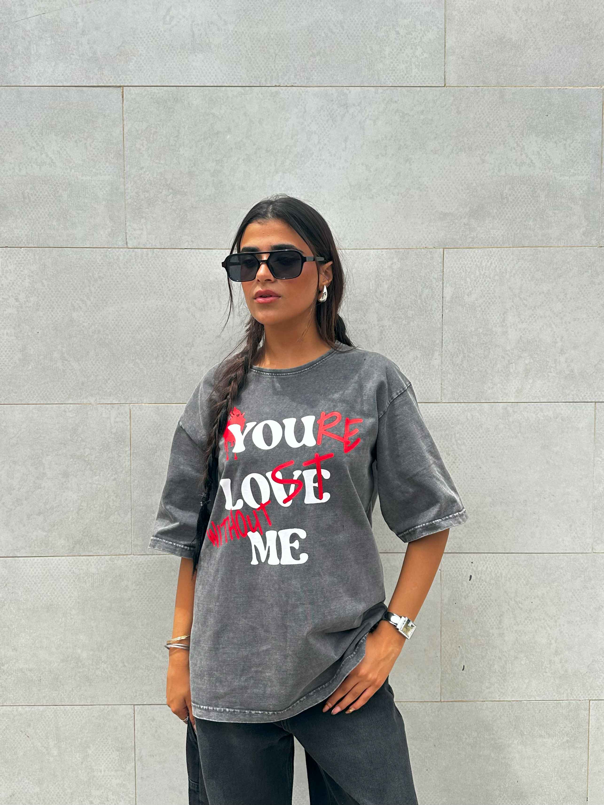 Graphic Print Washed Gery Oversized Tee. T-Shirts CIZARO - Cizaro Jeans