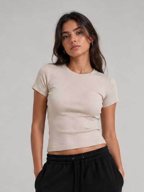 Short Sleeve Crew Neck Ribbed Top – Beige Basic Top CIZARO - Cizaro Jeans