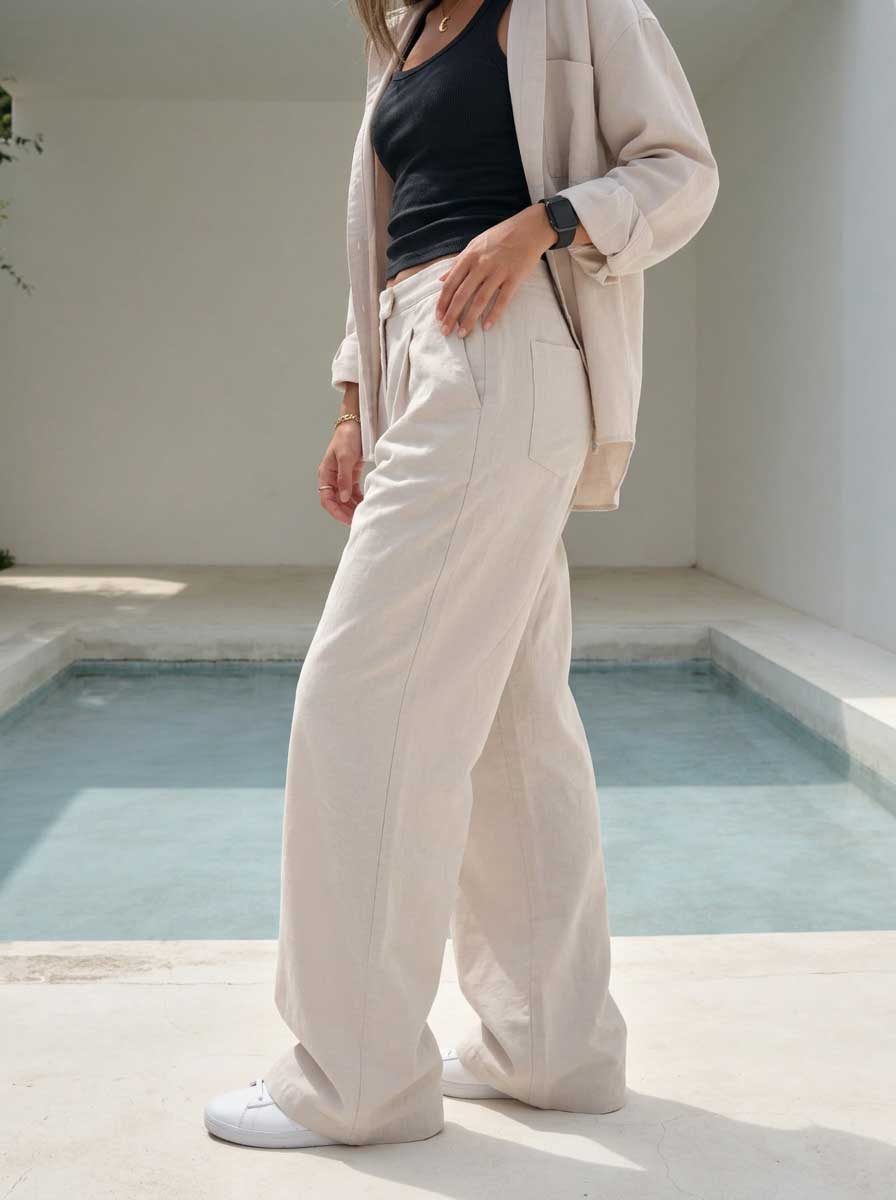 Soft Sand Wide-Leg Trousers – Linen Effect