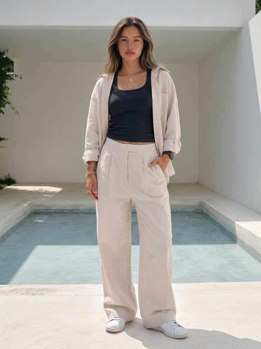 Soft Sand Wide-Leg Trousers โ Linen Effect