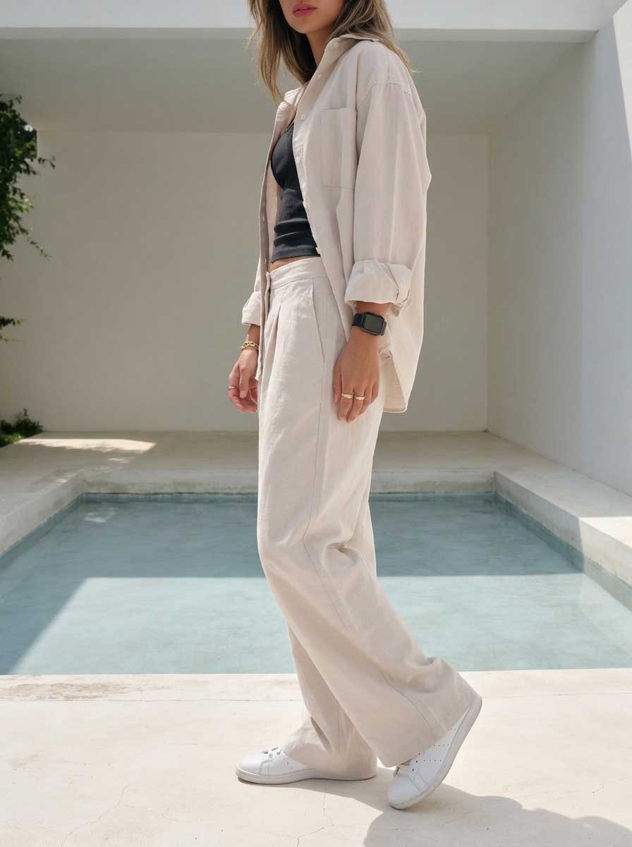 Soft Sand Wide-Leg Trousers – Linen Effect