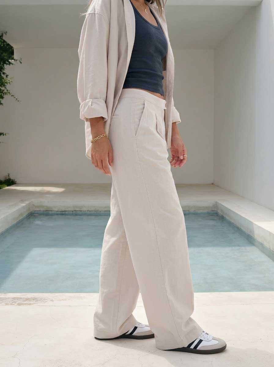 Soft Sand Wide-Leg Trousers – Linen Effect