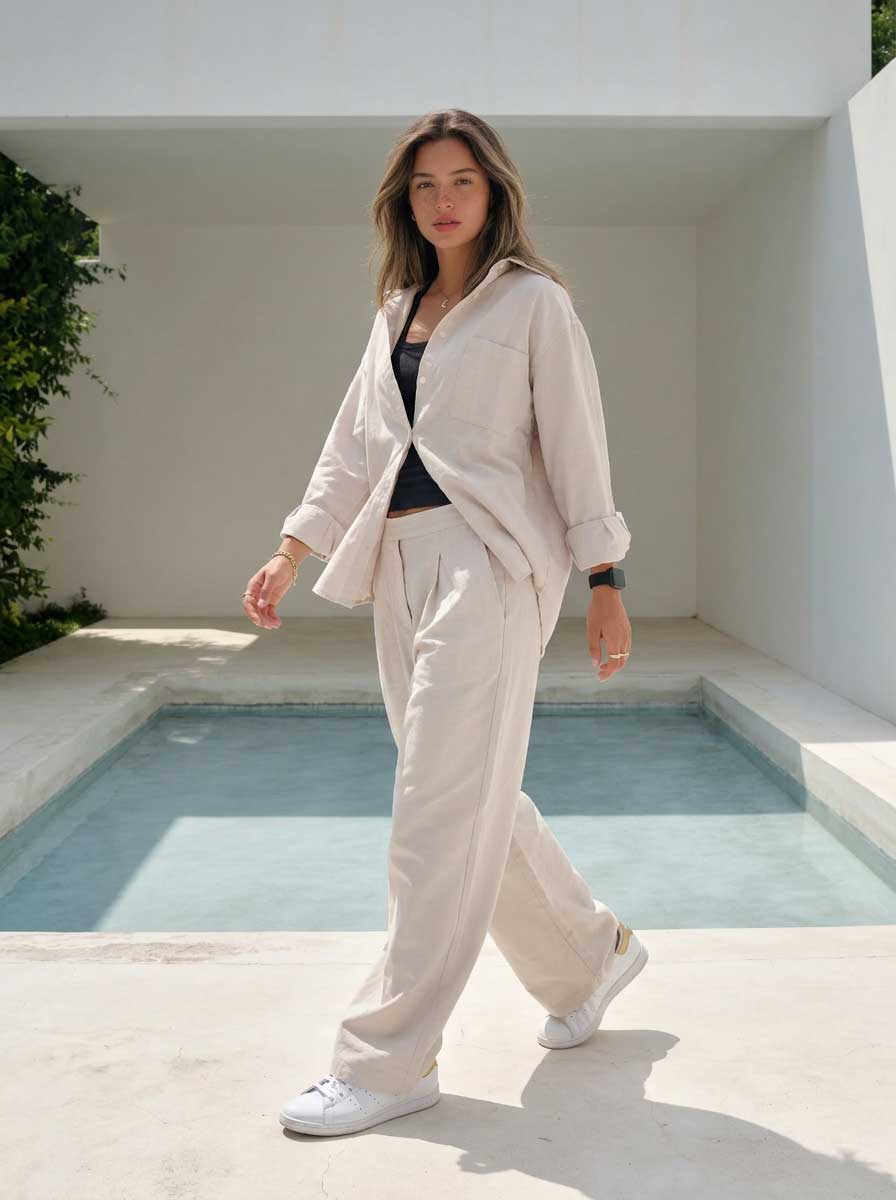 Soft Sand Wide-Leg Trousers – Linen Effect