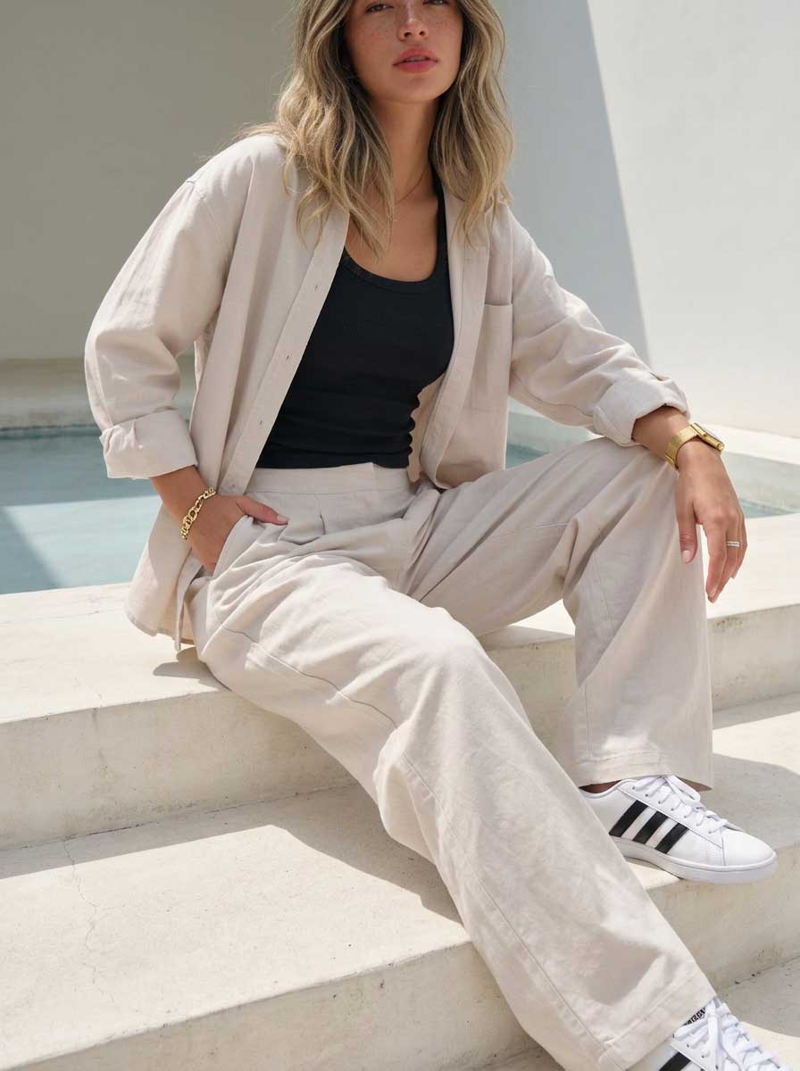 Soft Sand Wide-Leg Trousers – Linen Effect