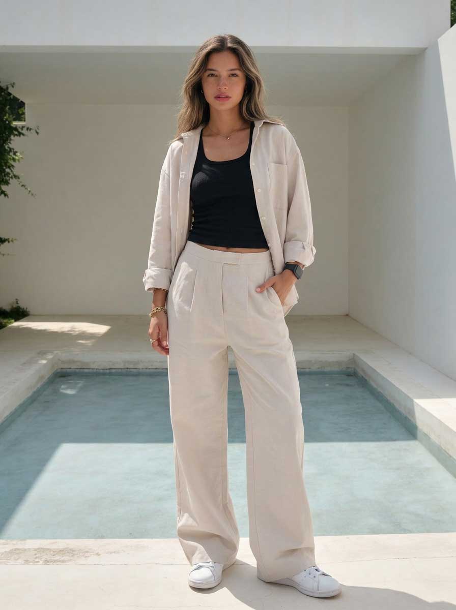 Soft Sand Wide-Leg Trousers โ Linen Effect