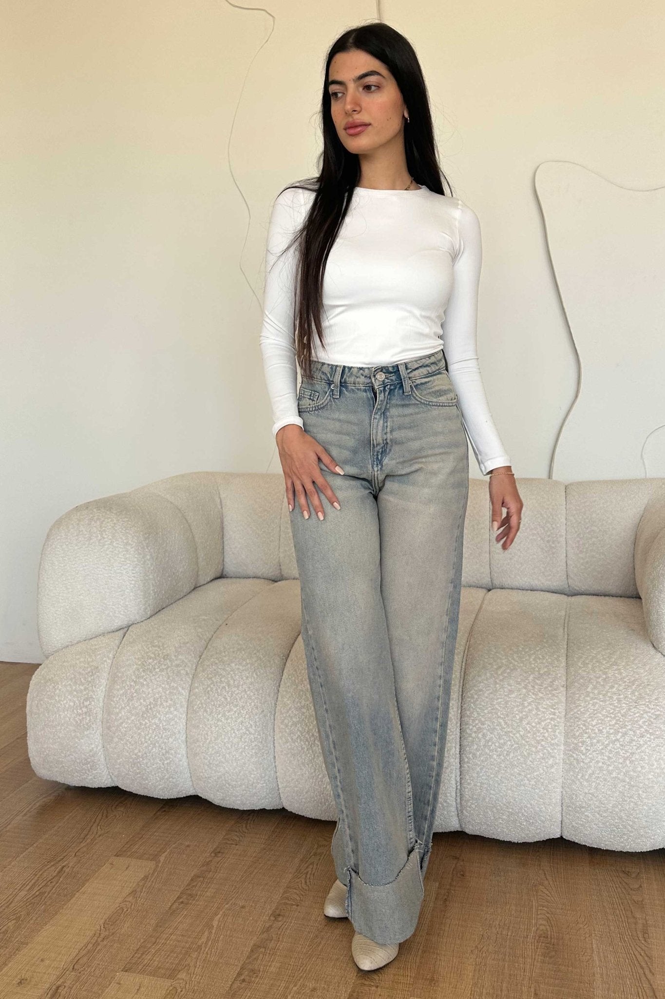 Wide Leg – Mid Rise Raw Hem Turn Up Light Vintage Blue Jeans wide leg CIZARO - Cizaro Jeans