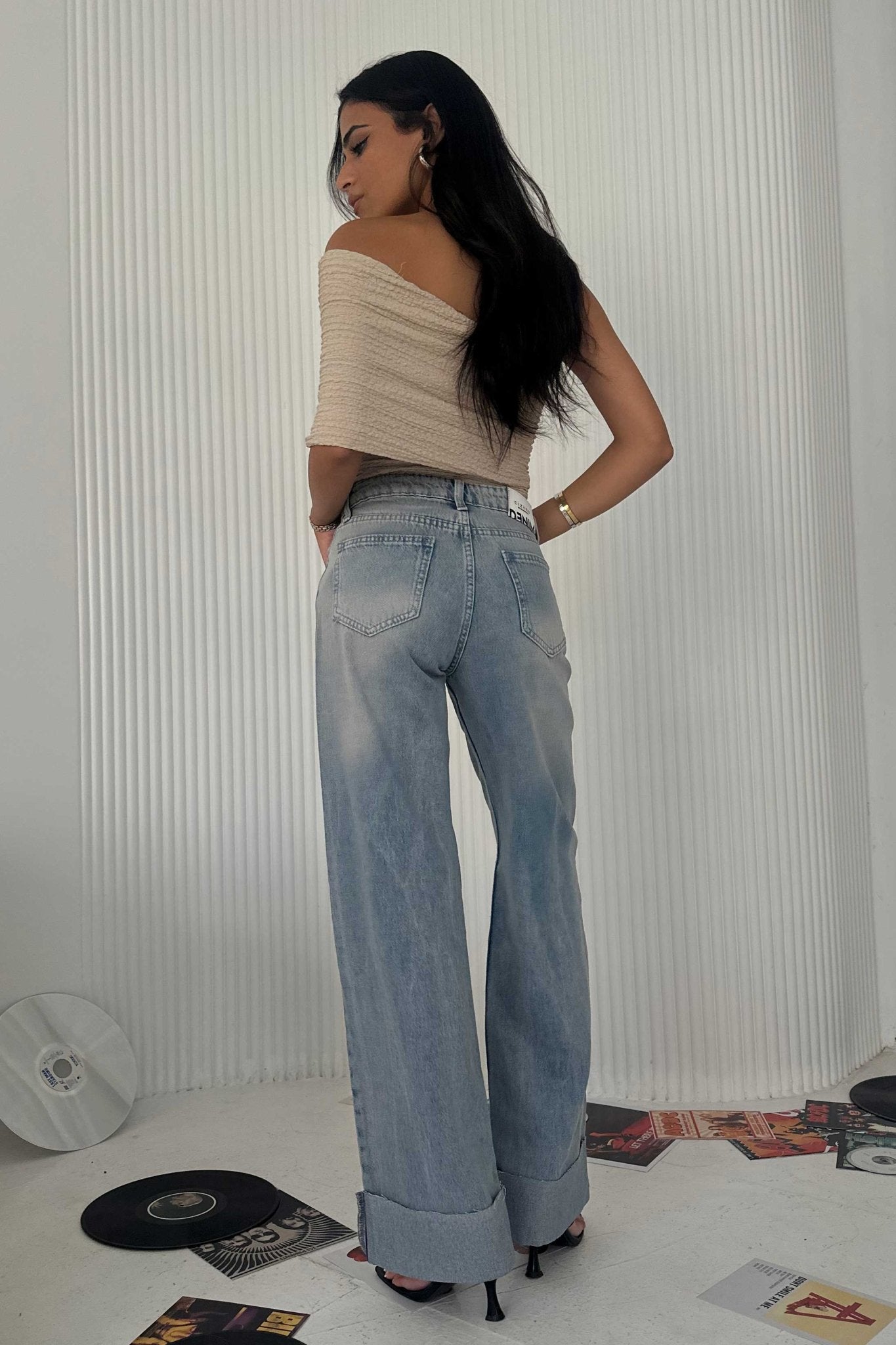 Wide-Leg Raw Hem Turn-Up - High-Waist Light Vintage Blue Jeans Wide-Leg CIZARO - Cizaro Jeans