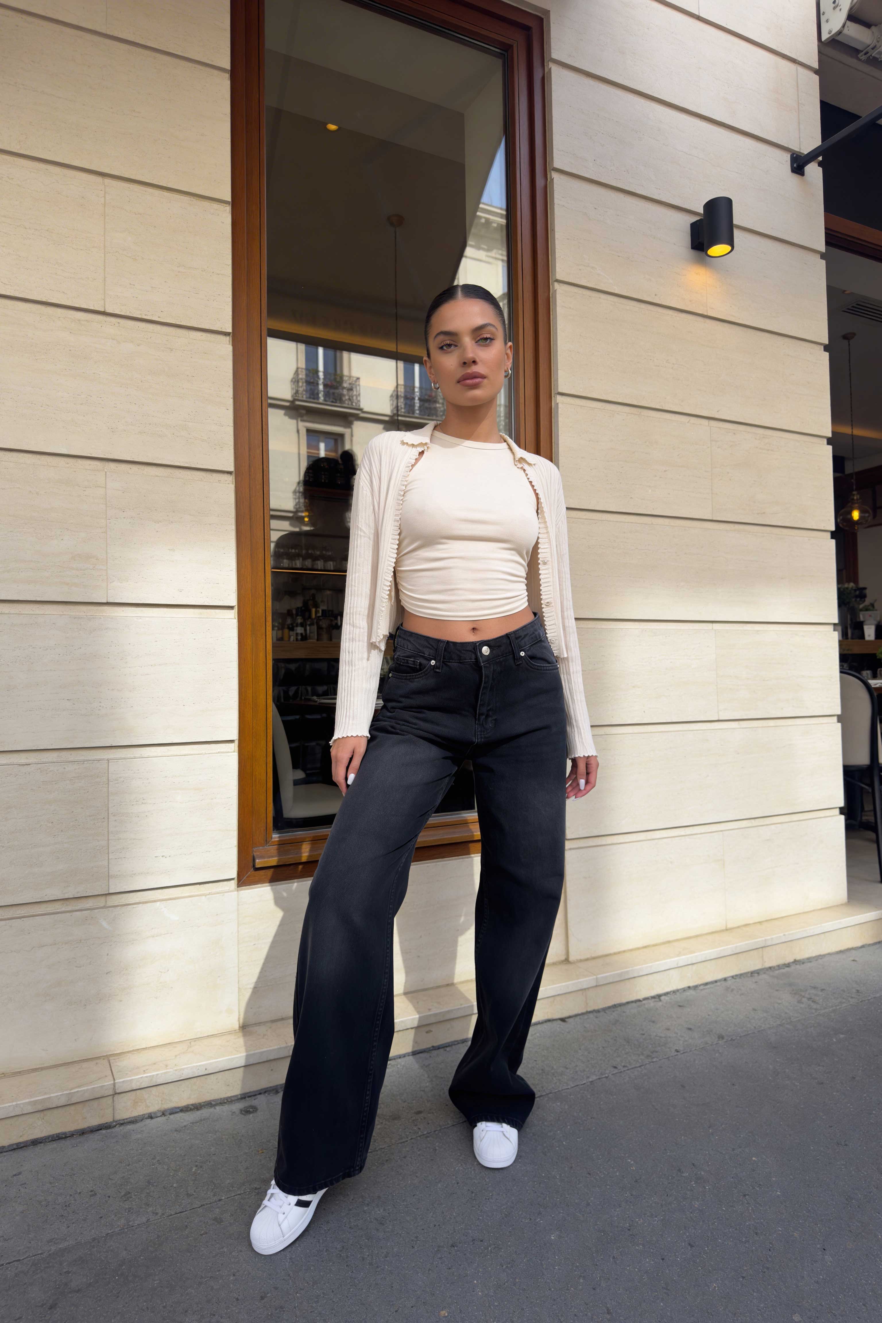 Wide-Leg - Mid-Waist Charcoal Black Jeans Wide-Leg CIZARO - Cizaro Jeans