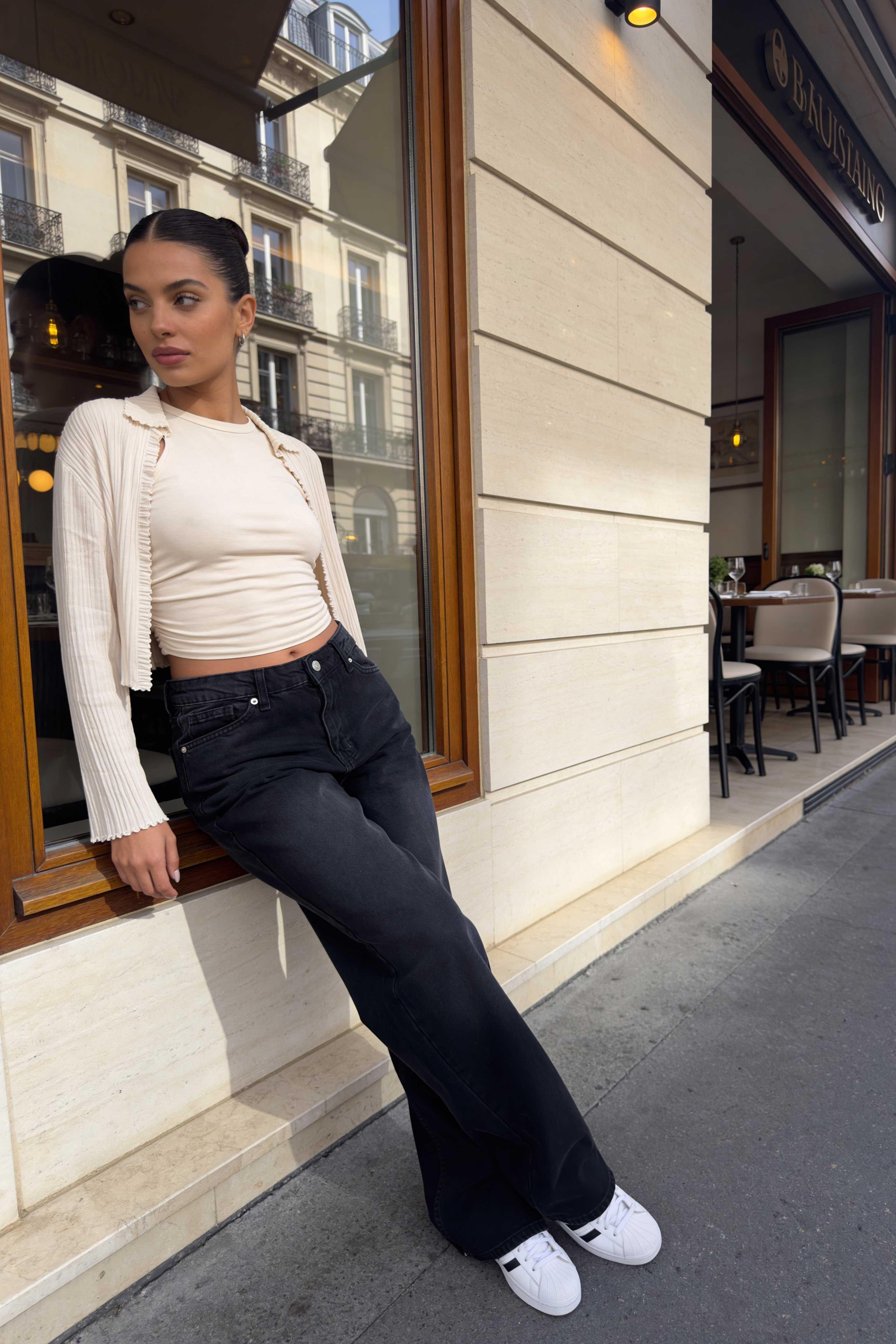 Wide-Leg - Mid-Waist Charcoal Black Jeans Wide-Leg CIZARO - Cizaro Jeans