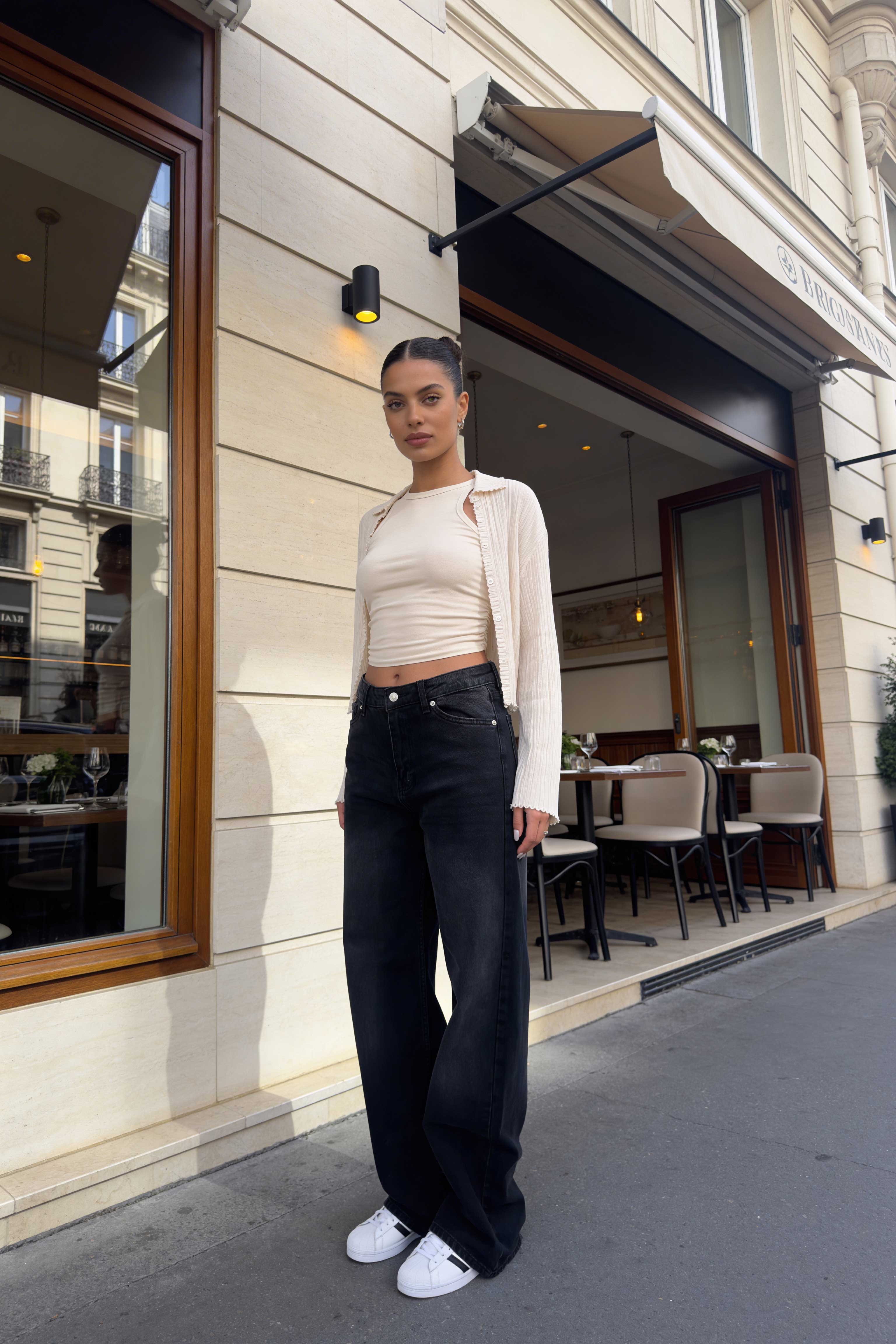 Wide-Leg - Mid-Waist Charcoal Black Jeans Wide-Leg CIZARO - Cizaro Jeans