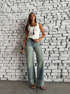 Wide Leg High Waist Raw Hem Turn-Up – Light Vintage Green Jeans