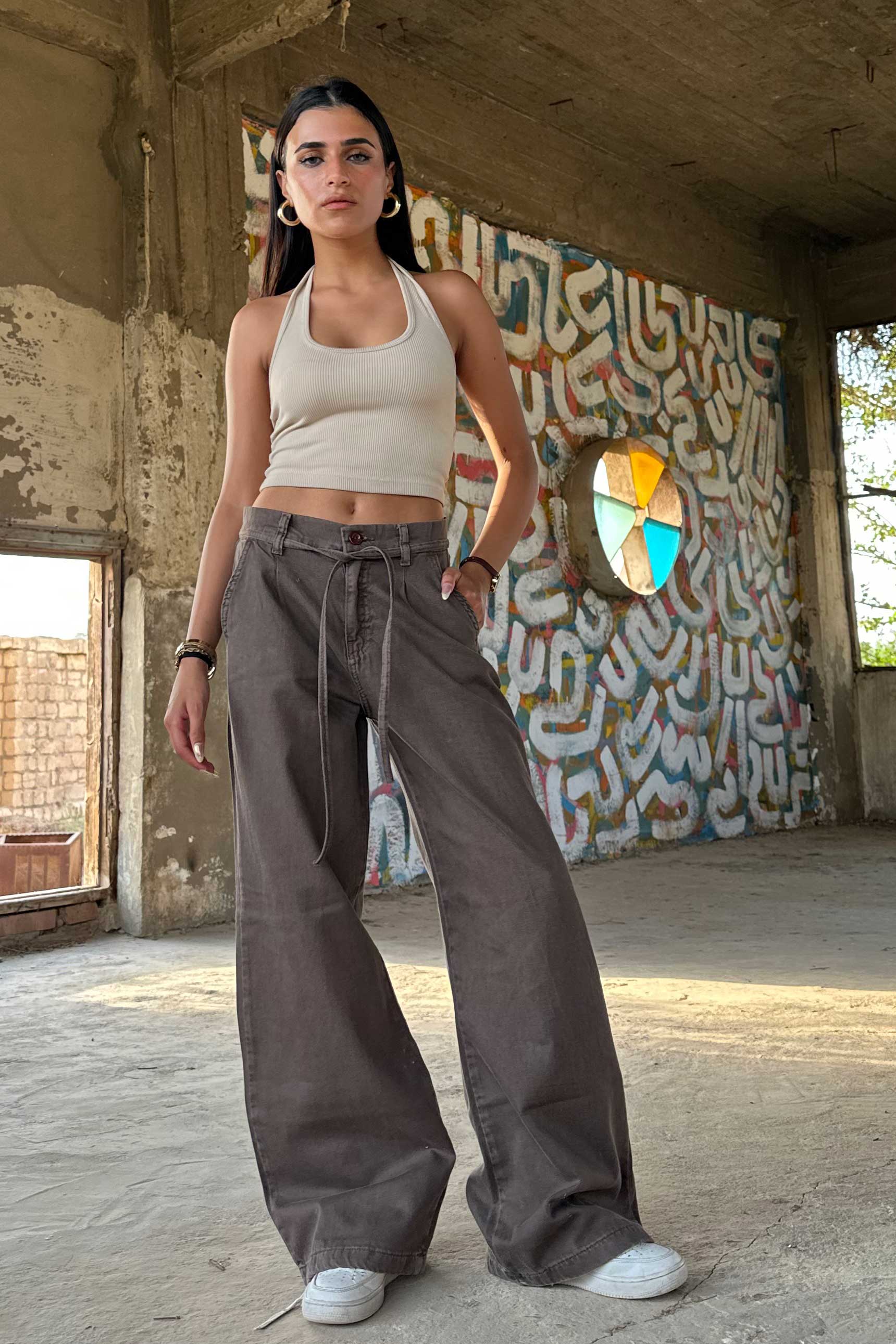 Wide Leg – Mid Rise Tie Belt Dark Brown Jeans